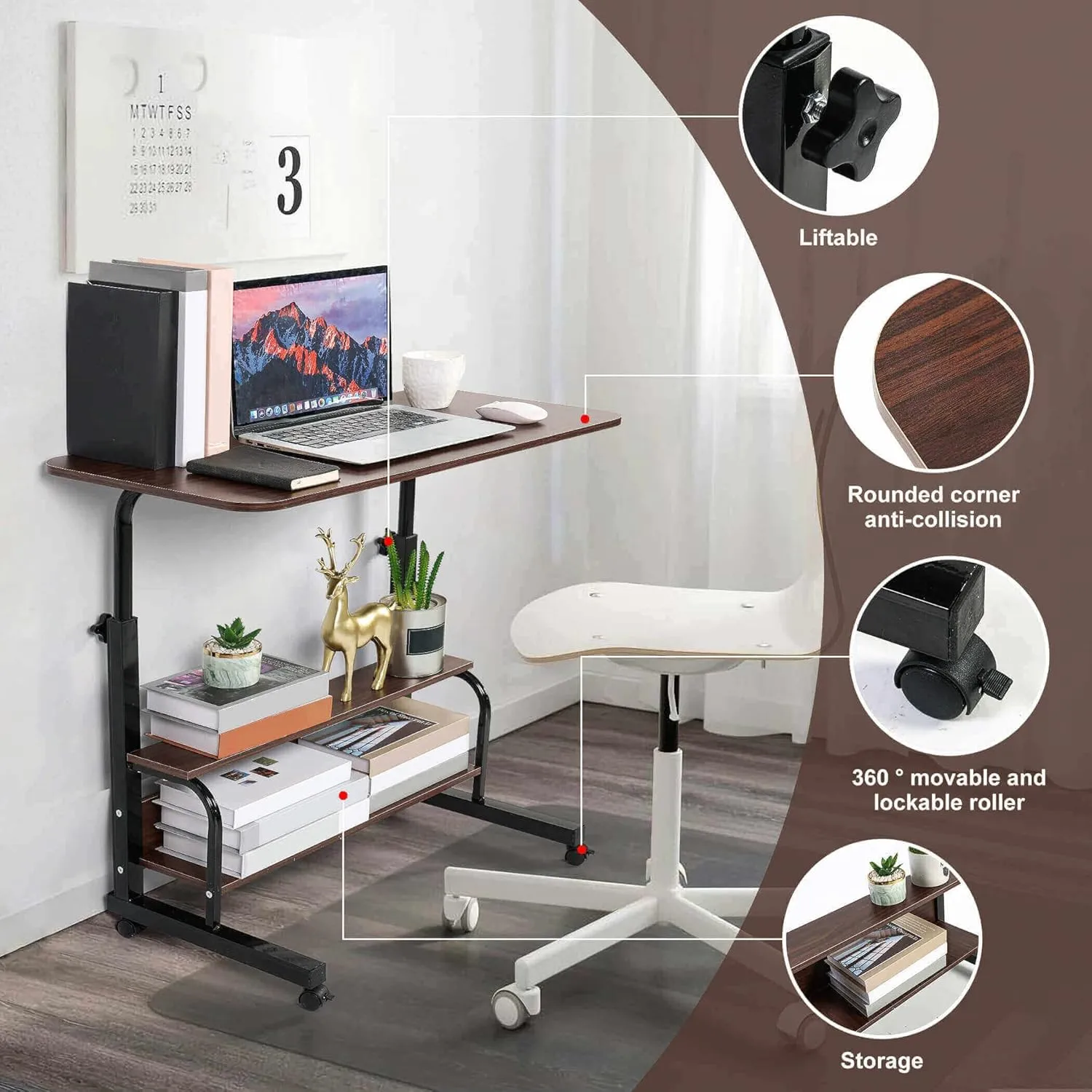 Office Desks for Home Study Desk Work Desk for Small Spaces Computer Table Stand Up Desks with Storage Portable Desks for Bedrooms Gaming Table Furniture Writing 31.5x15.7 Inch Brown C