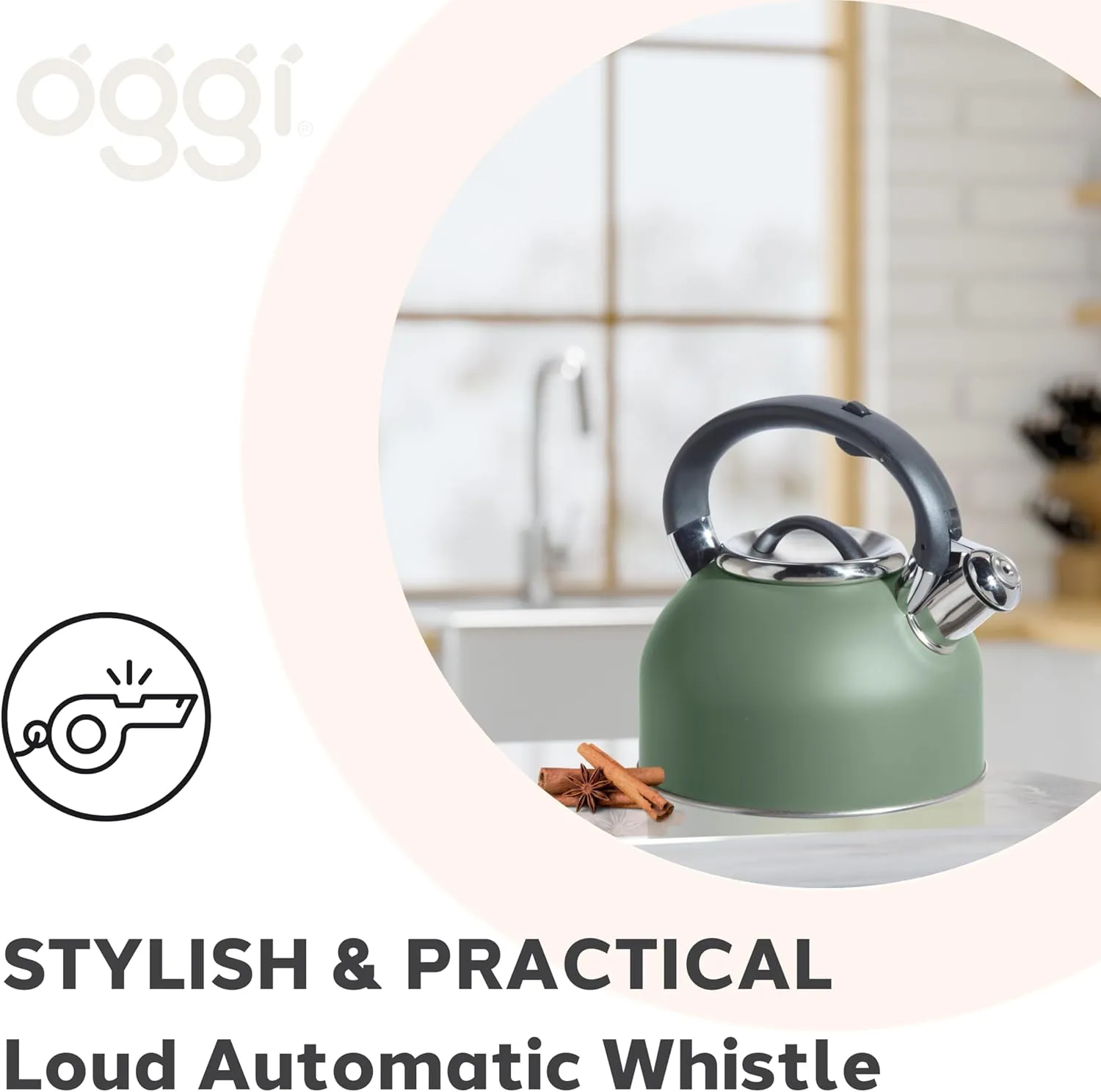 OGGI Tea Kettle for Stove Top - 64oz / 1.9lt, Stainless Steel with Loud Whistle, Ideal Hot Water Kettle and Water Boiler - Sage