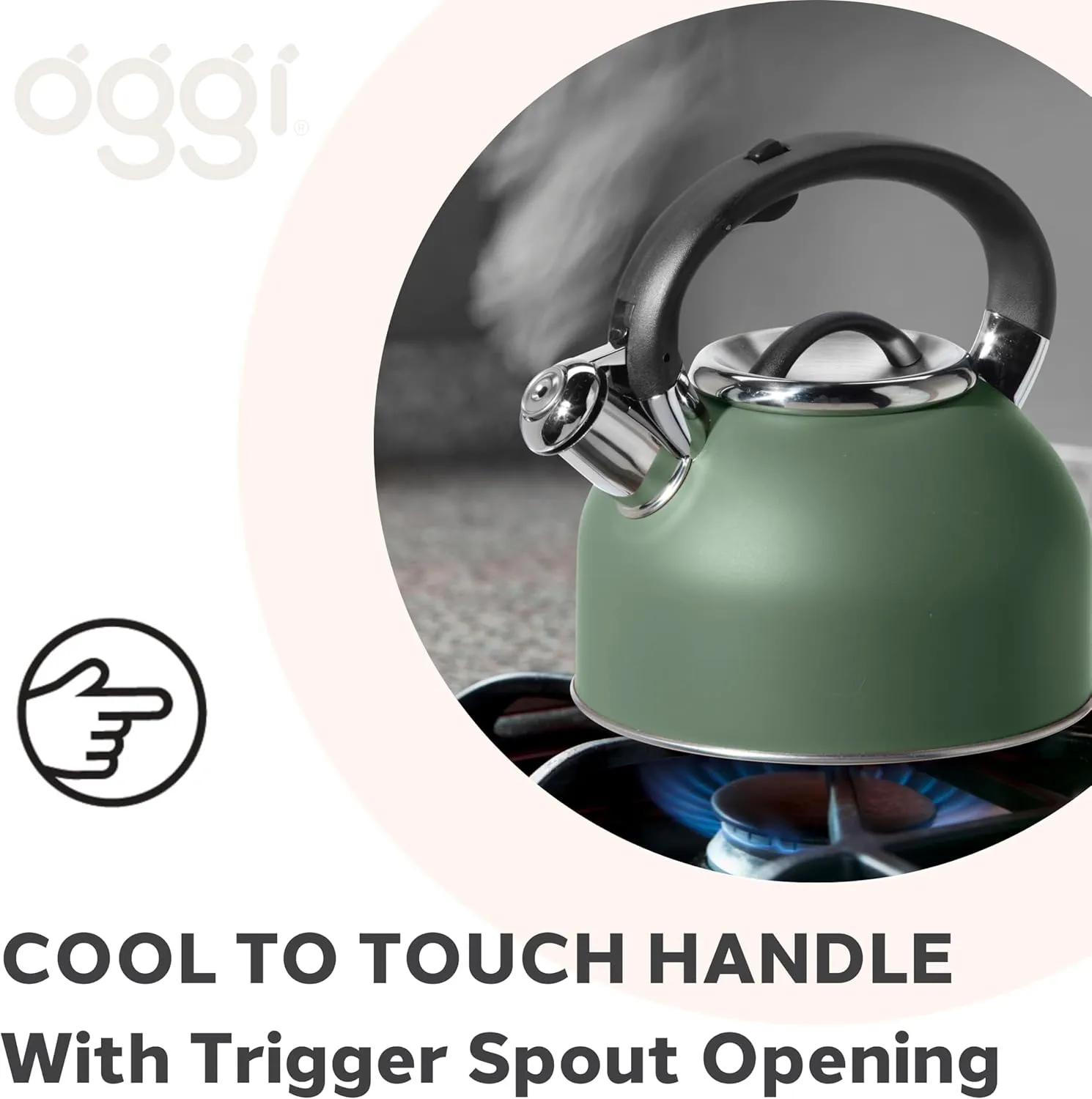 OGGI Tea Kettle for Stove Top - 64oz / 1.9lt, Stainless Steel with Loud Whistle, Ideal Hot Water Kettle and Water Boiler - Sage