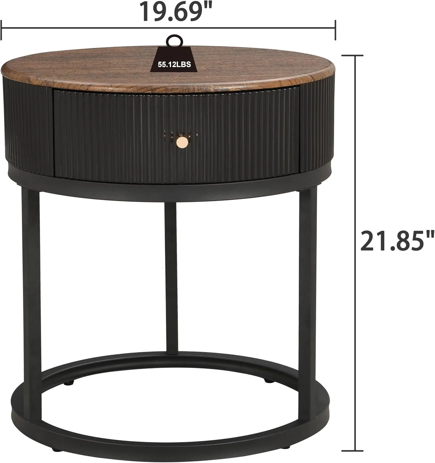 OIOG Round Nightstand with Drawer, Modern Side Table, Black End Table with Storage for Living Room, Bedroom, Home Office, Black & Brown