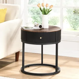 OIOG Round Nightstand with Drawer, Modern Side Table, Black End Table with Storage for Living Room, Bedroom, Home Office, Black & Brown