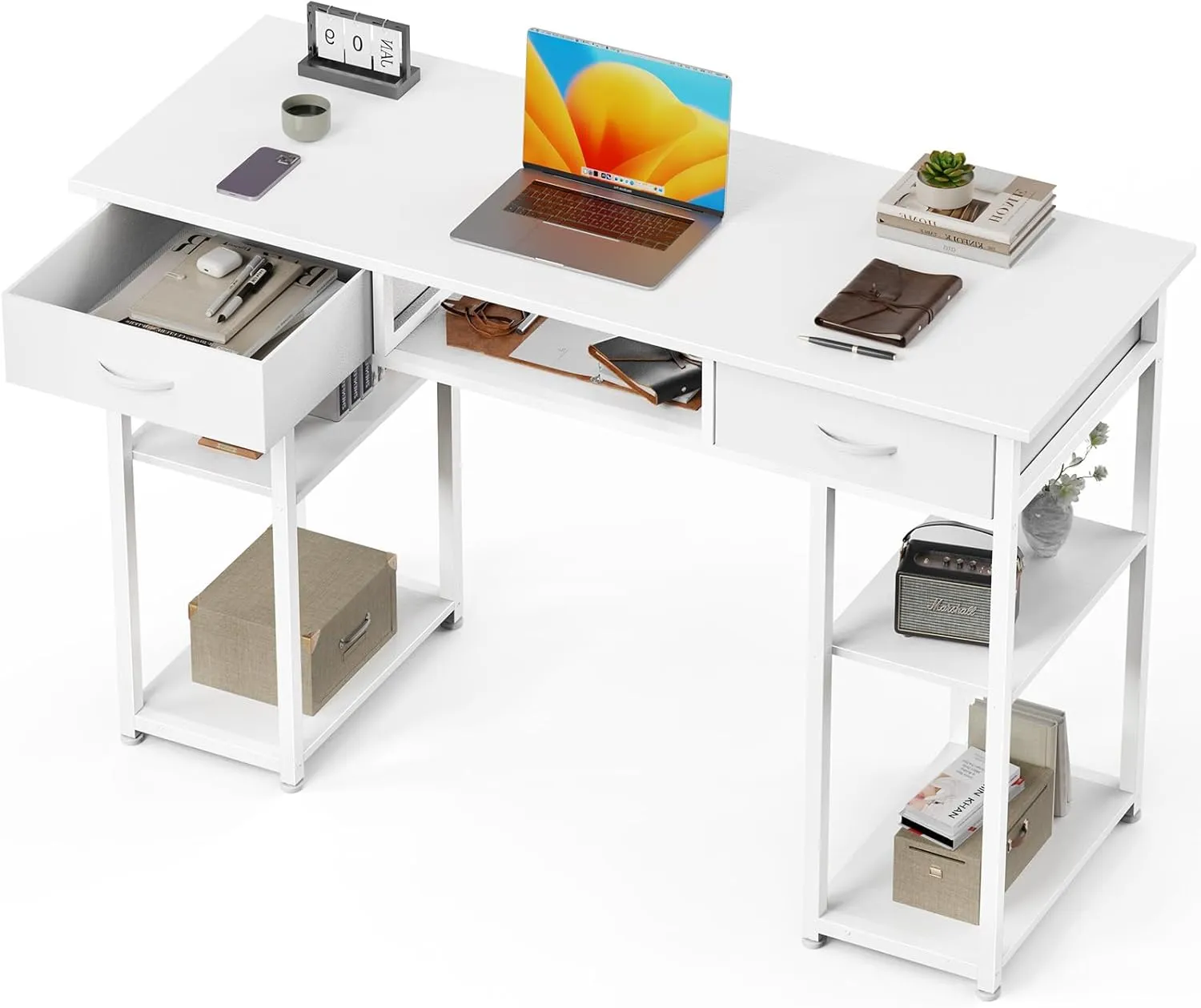 OLIXIS Computer Desk with 3 Drawers Study Writing Table with Storage Bag Headphone Hook Adjustable Feet for Home Office Small Spaces