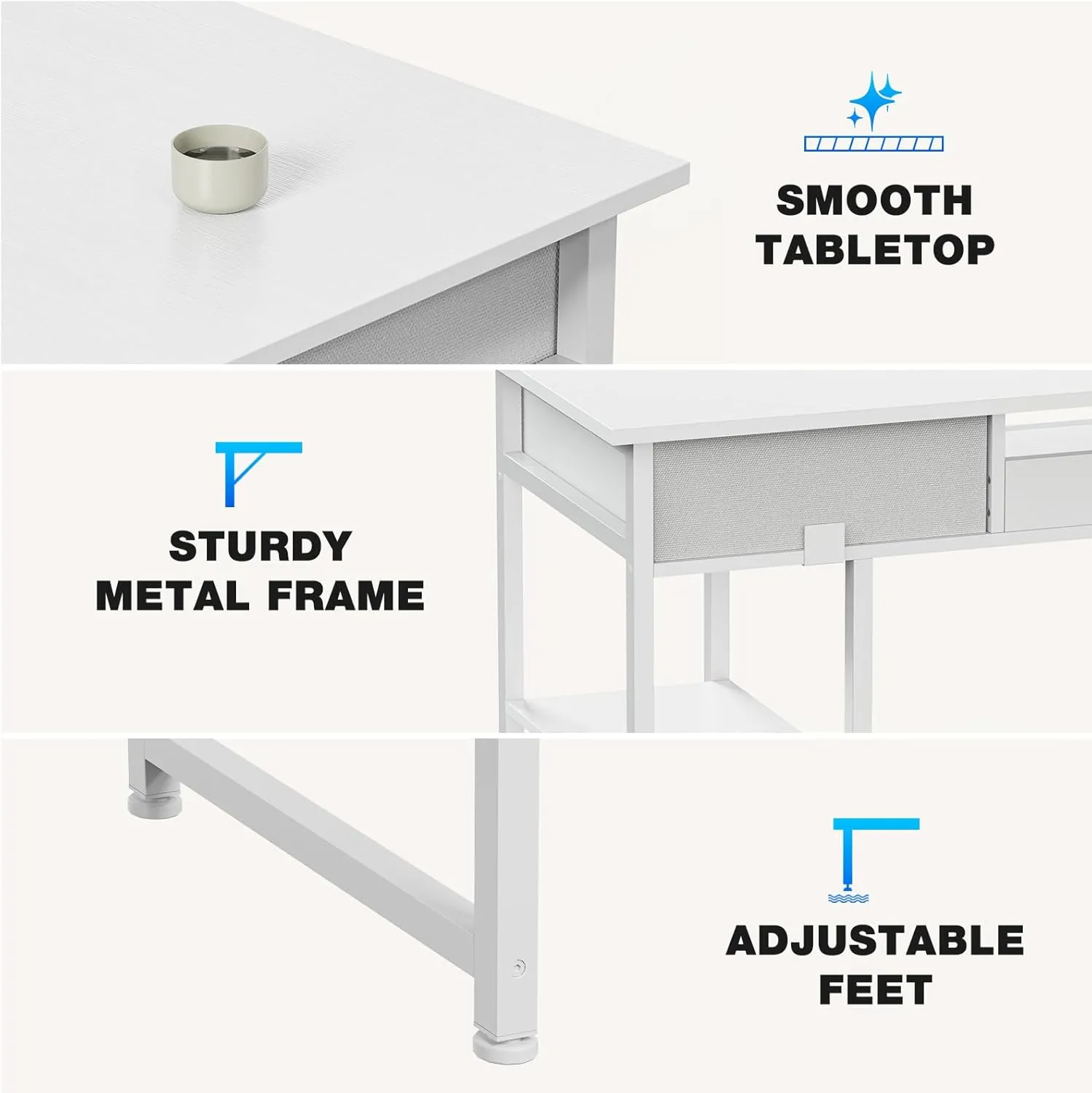 OLIXIS Computer Desk with 3 Drawers Study Writing Table with Storage Bag Headphone Hook Adjustable Feet for Home Office Small Spaces