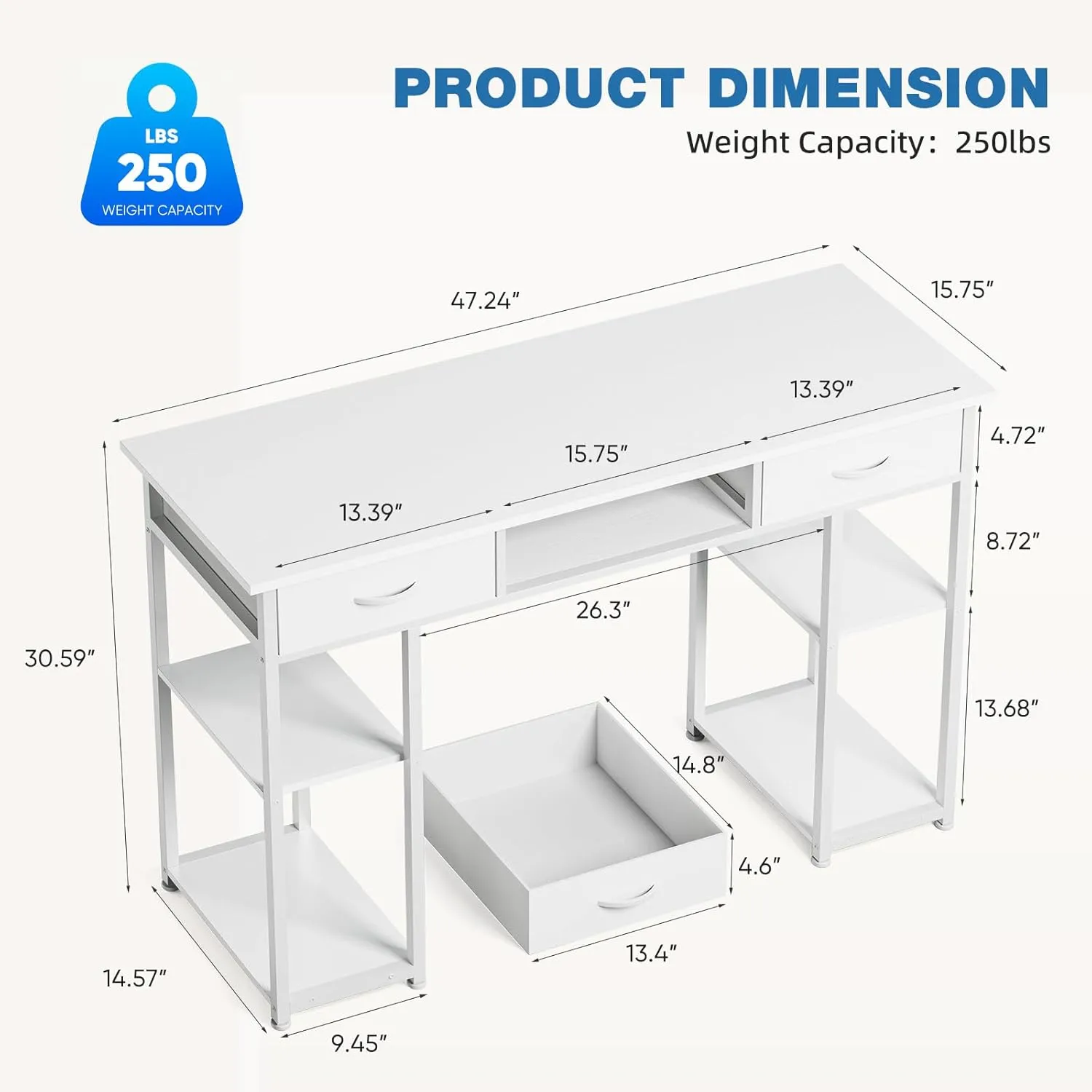 OLIXIS Computer Desk with 3 Drawers Study Writing Table with Storage Bag Headphone Hook Adjustable Feet for Home Office Small Spaces