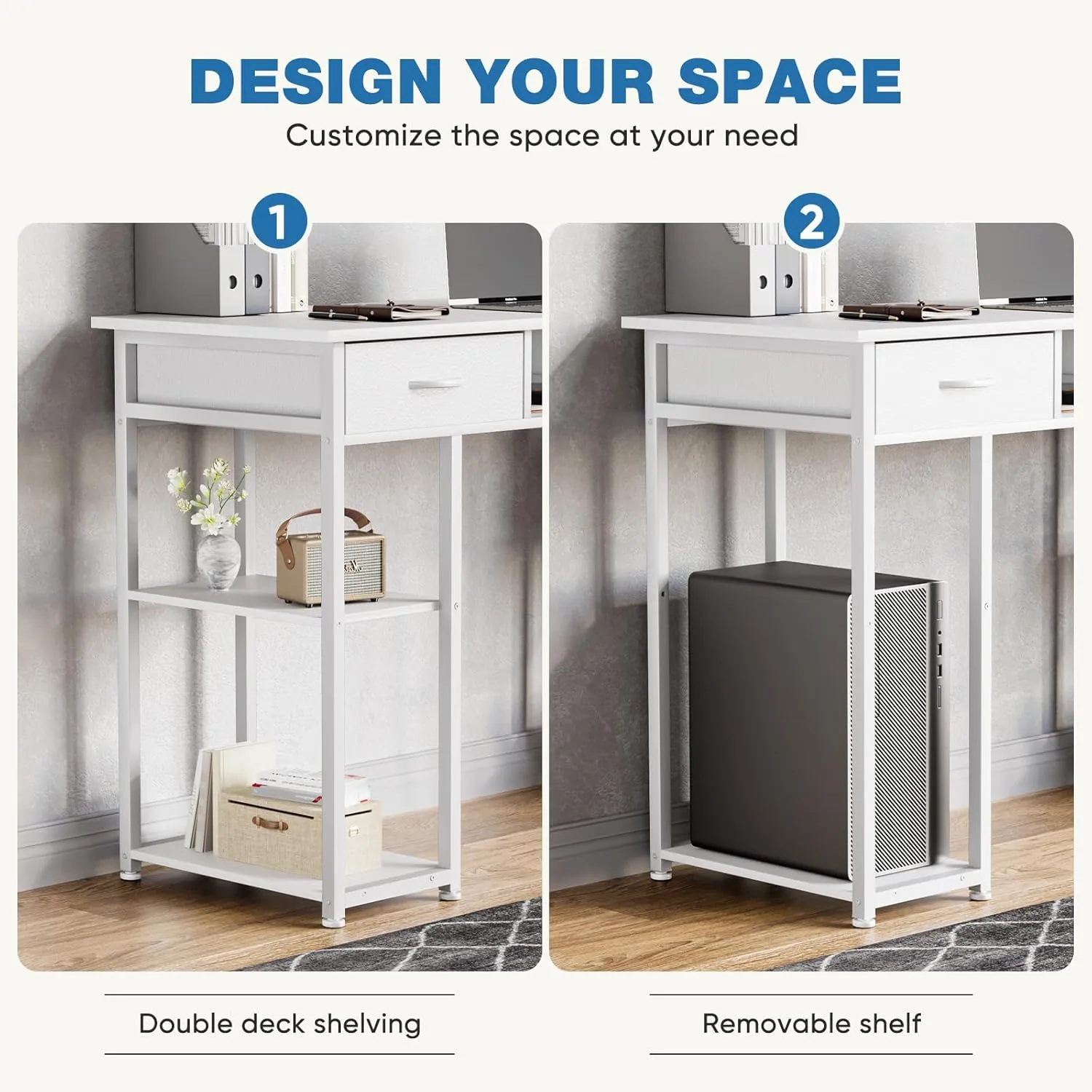 OLIXIS Computer Desk with 3 Drawers Study Writing Table with Storage Bag Headphone Hook Adjustable Feet for Home Office Small Spaces
