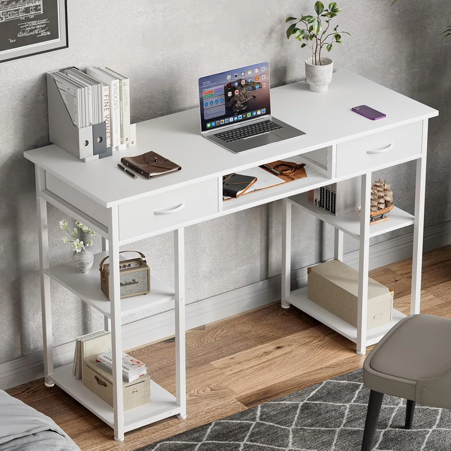 OLIXIS Computer Desk with 3 Drawers Study Writing Table with Storage Bag Headphone Hook Adjustable Feet for Home Office Small Spaces