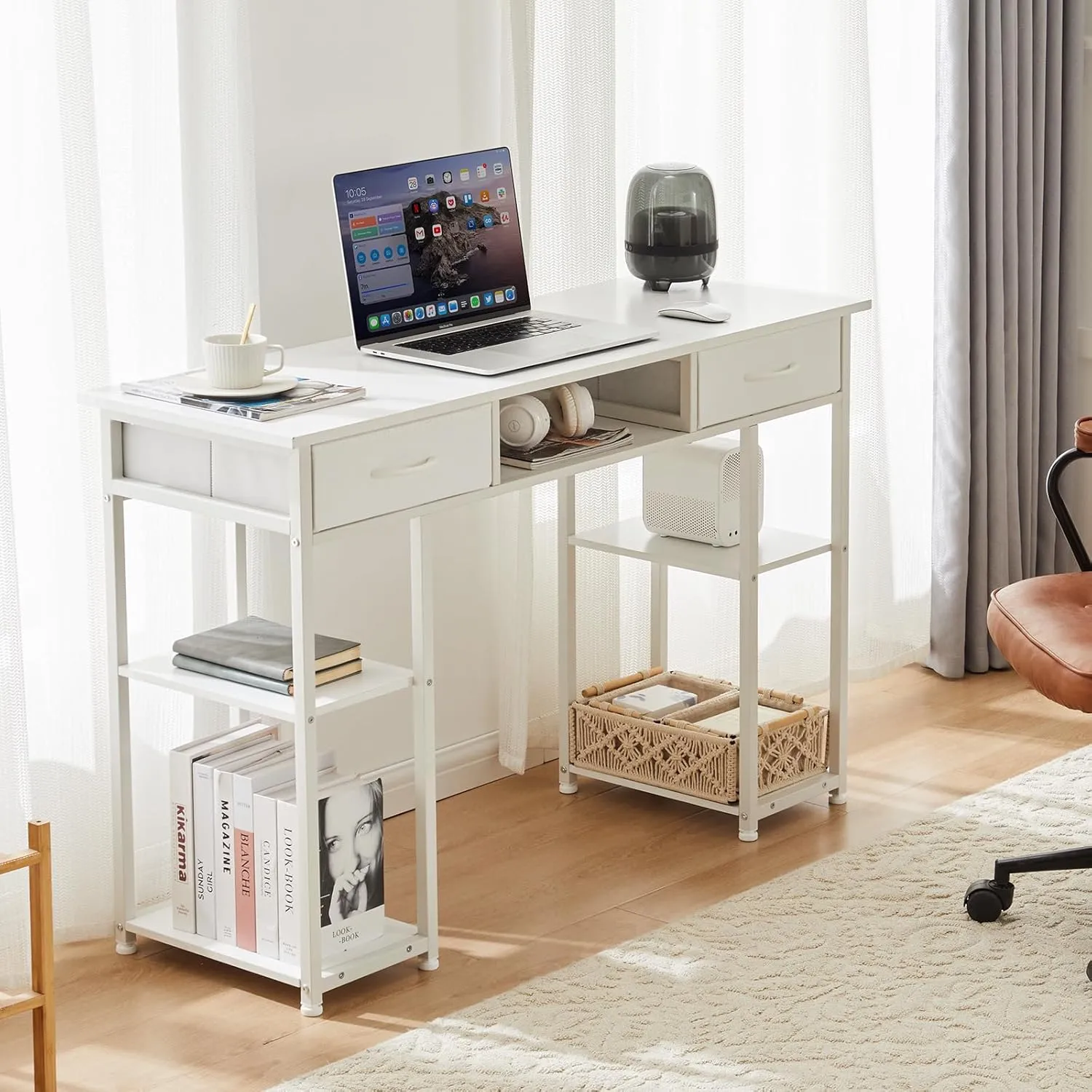 OLIXIS Computer Desk with 3 Drawers Study Writing Table with Storage Bag Headphone Hook Adjustable Feet for Home Office Small Spaces