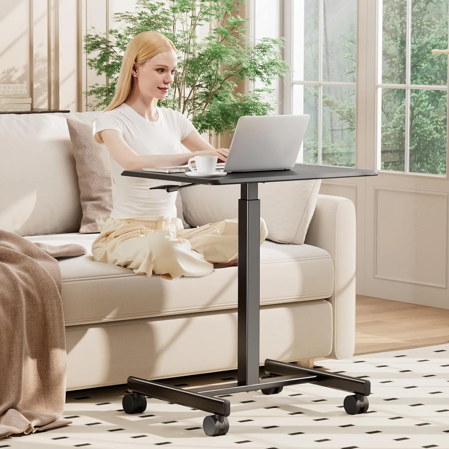 OLIXIS Small Standing Desk Adjustable Height, Portable Rolling Table on Wheels, 19 Inch Computer Mobile Desk Workstation for Home Office, Black