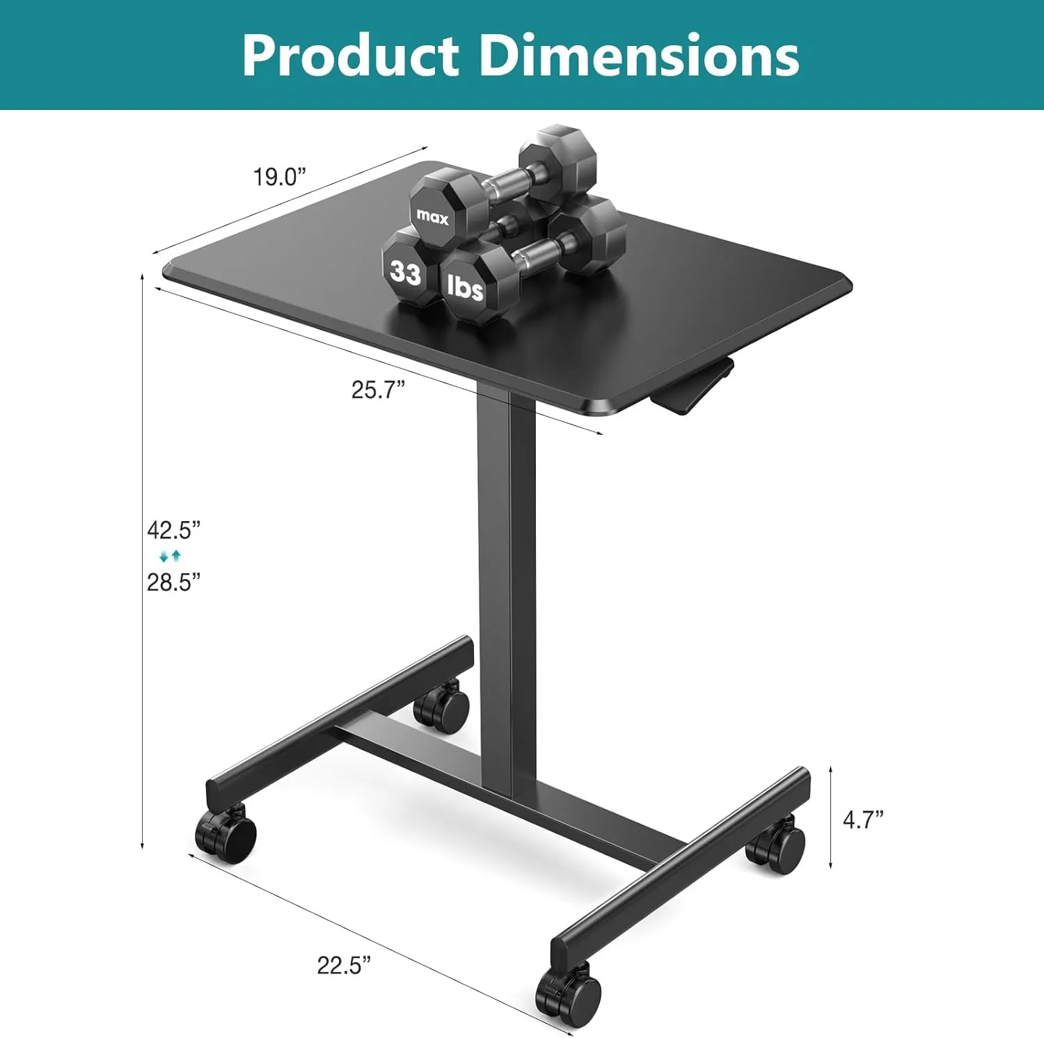 OLIXIS Small Standing Desk Adjustable Height, Portable Rolling Table on Wheels, 19 Inch Computer Mobile Desk Workstation for Home Office, Black