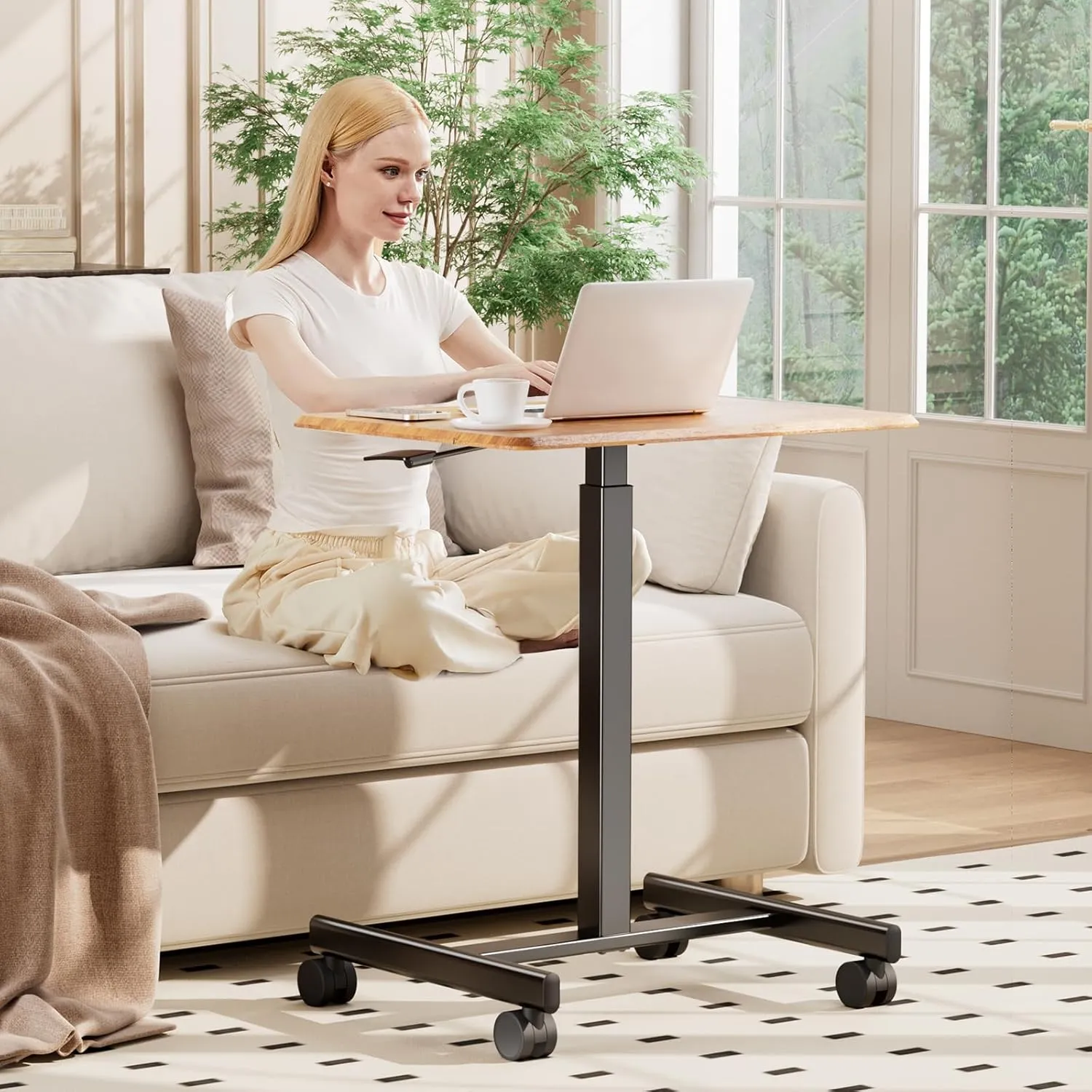OLIXIS Small Standing Desk Adjustable Height, Portable Rolling Table on Wheels, 19 Inch Computer Mobile Desk Workstation for Home Office, Rustic Brown