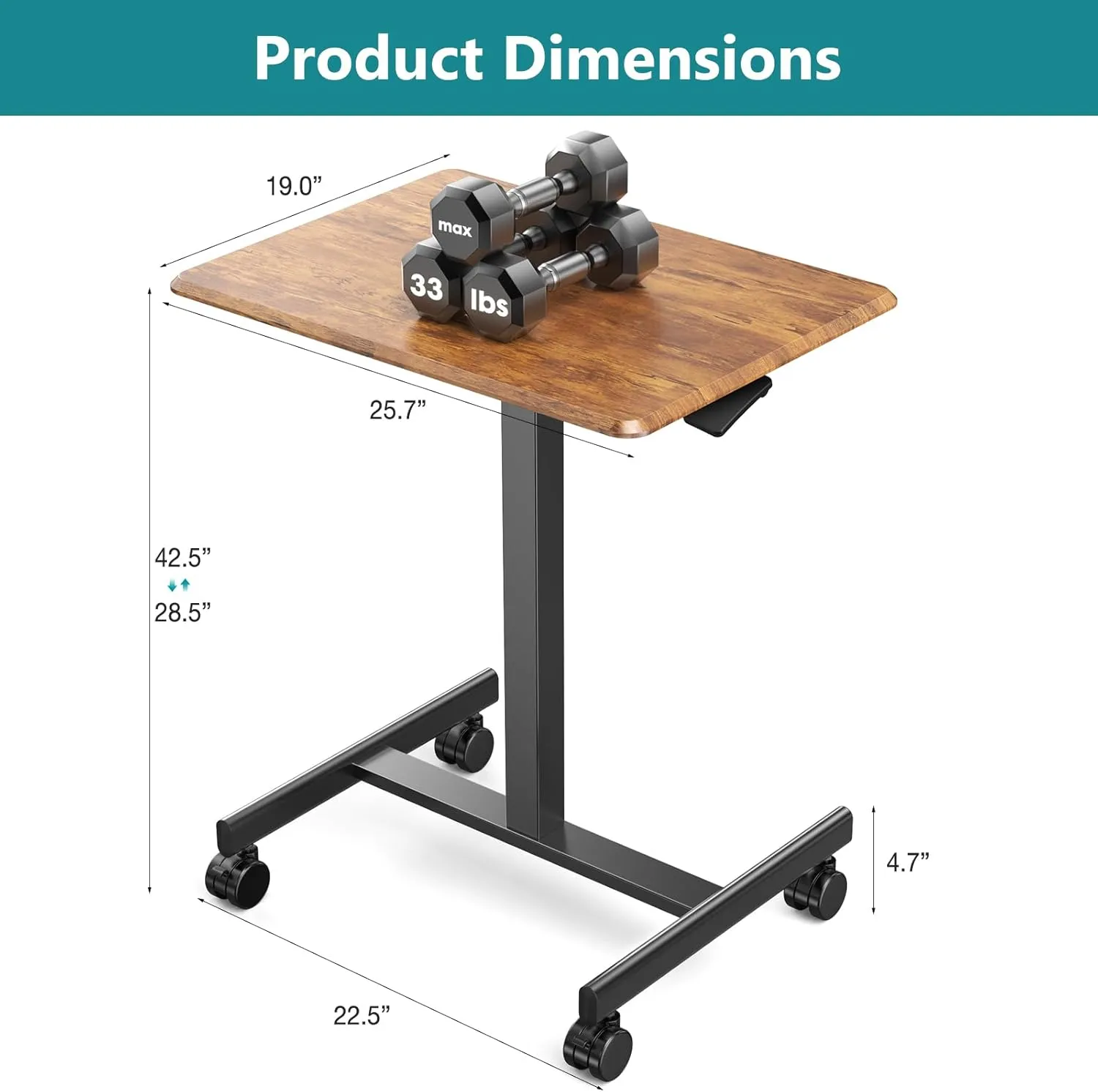 OLIXIS Small Standing Desk Adjustable Height, Portable Rolling Table on Wheels, 19 Inch Computer Mobile Desk Workstation for Home Office, Rustic Brown