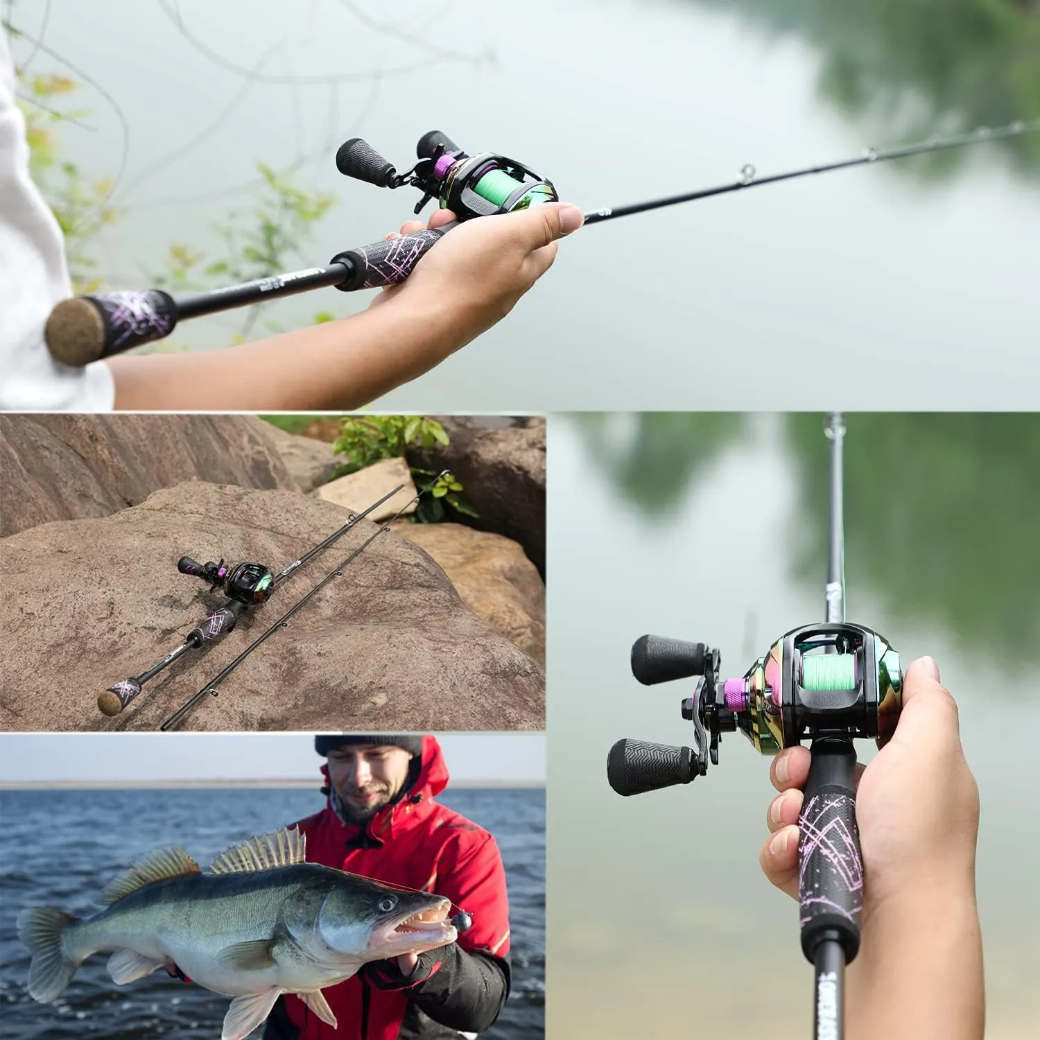 One Bass Fishing Pole 24 Ton Carbon Fiber Casting and Spinning Rods - Two Pieces, SuperPolymer Handle Fishing Rod for Bass Fishing