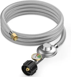 only fire 12 Feet Propane Regulator Hose with Gauge,Fits for Fire Pit, Heater, Grill and More, Stainless Steel Braided Gas Hose with 3/8" Female Flare Fitting,QCC-1 Connection