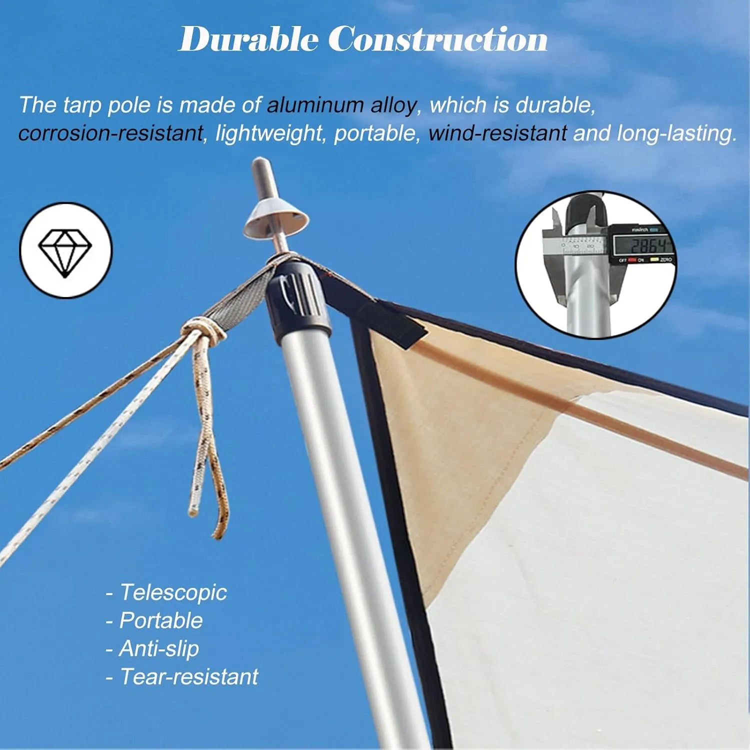 Outdoor Activities Telescoping Awning Poles, Lightweight Aluminum Alloy Camping Tarp Poles Twist Lock Design, Adjustable Tent Poles for Barbecue/Picnic(Silver Telescopic 1 pc)