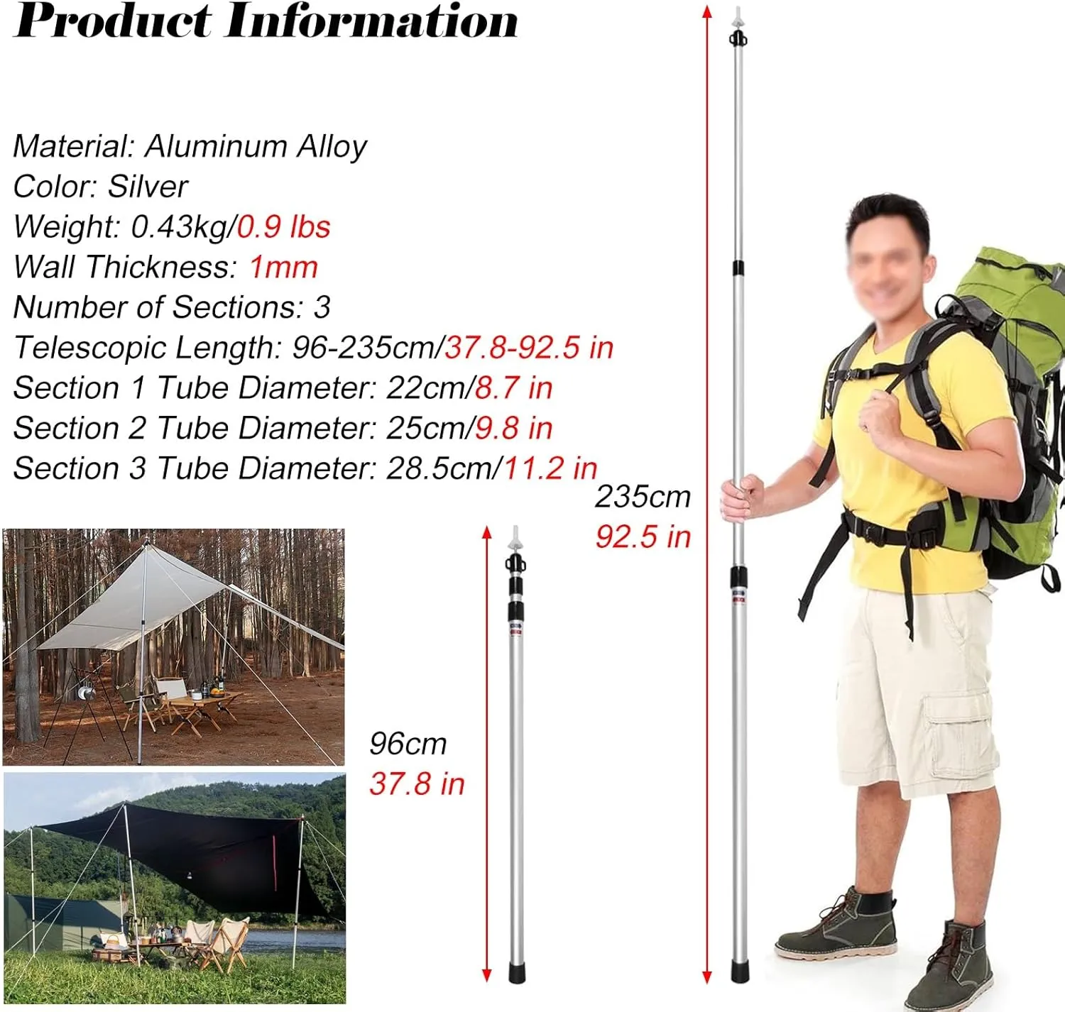 Outdoor Activities Telescoping Awning Poles, Lightweight Aluminum Alloy Camping Tarp Poles Twist Lock Design, Adjustable Tent Poles for Barbecue/Picnic(Silver Telescopic 1 pc)