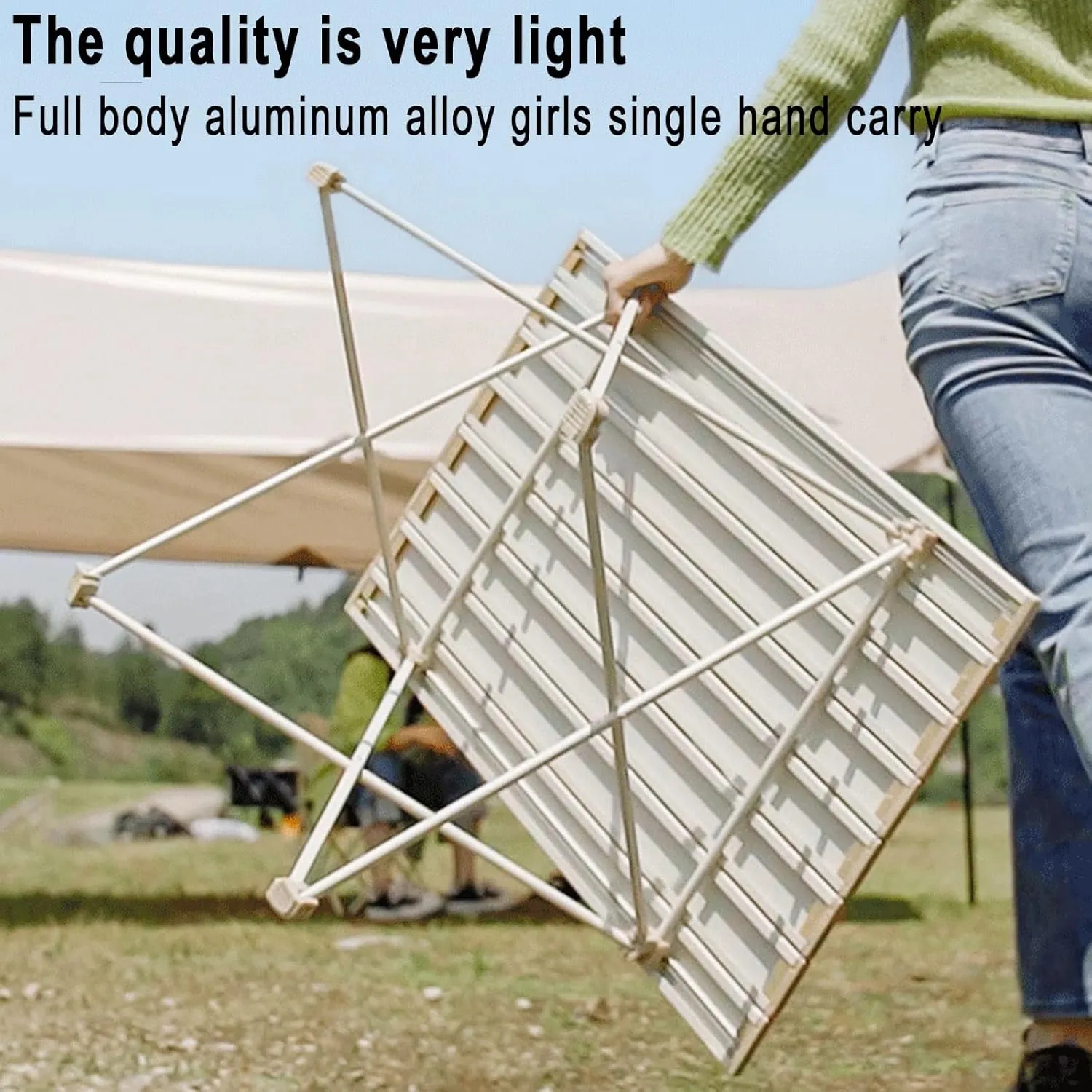 Outdoor aluminum alloy folding table, aluminum portable roller shutter table with large capacity storage bag, outdoor mini folding table with frosted technology, suitable for camping, exploring, etc.