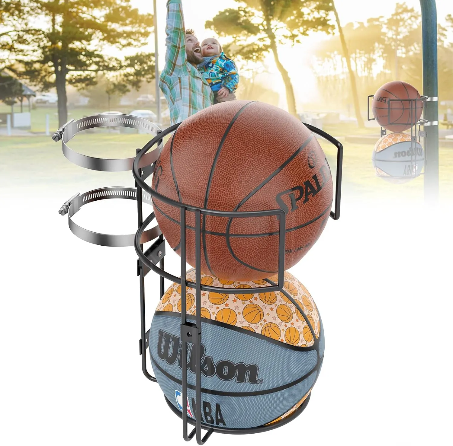 Outdoor Basketball Holder - Sturdy Vertical Storage Rack Metal Ball Holder, Pole Mount Basketball Rack,Wall Mounted Storage for 2 Balls, Basketballs Goal Accessories