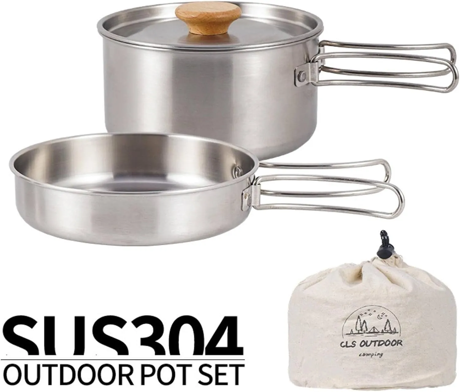 Outdoor Climbing 304 Stainless Steel Folding Handle Pot Camping Portable Frying pan Soup Pot Household Picnic Pot Set