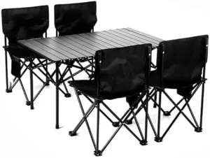 Outdoor Folding Picnic Tables and Chairs, Foldable Camping Small Picnic Table with Aluminum Roll-up Table Top Portable Fishing Chair Set, Easy to Assemble (7pcsblack94cm)