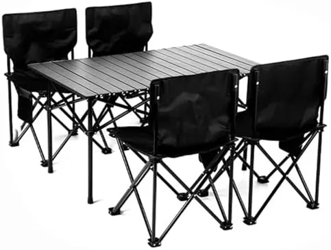 Outdoor Folding Picnic Tables and Chairs, Foldable Camping Small Picnic Table with Aluminum Roll-up Table Top Portable Fishing Chair Set, Easy to Assemble (7pcsblack94cm)