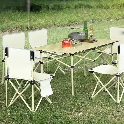 Outdoor Folding Picnic Tables and Chairs, Foldable Camping Small Picnic Table with Aluminum Roll-up Table Top Portable Fishing Chair Set, Easy to Assemble (7pcsblack94cm)