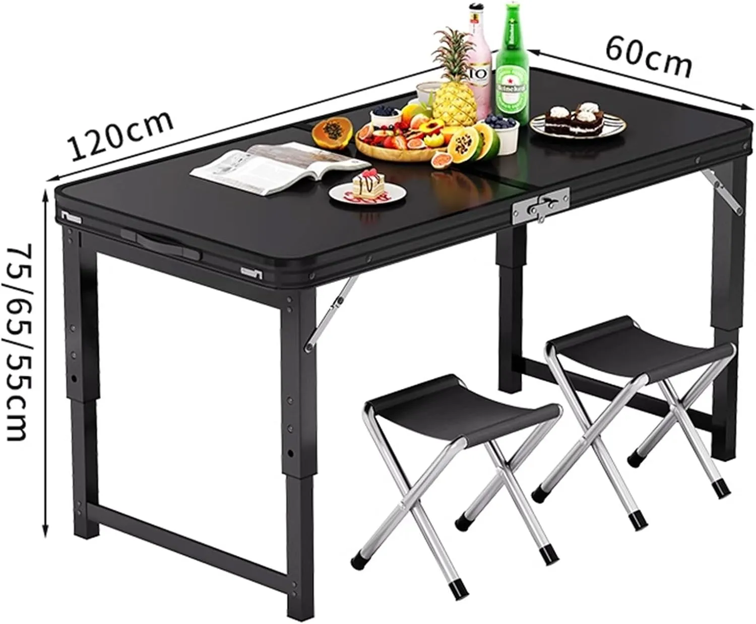 Outdoor Folding Table LargeCarbon Steel Alloy Folding Table, Portable Folding Table, Adjustable Height Table with Carry Handle for Outdoor Indoor Hiking Camp(Green), 120*70*60cm