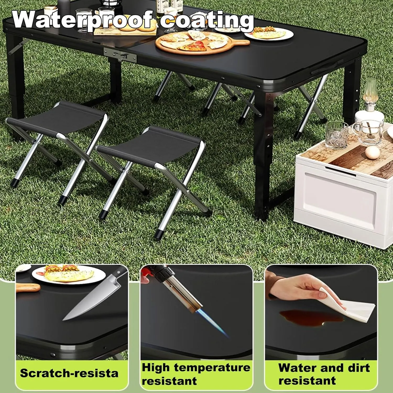 Outdoor Folding Table LargeCarbon Steel Alloy Folding Table, Portable Folding Table, Adjustable Height Table with Carry Handle for Outdoor Indoor Hiking Camp(Green), 120*70*60cm