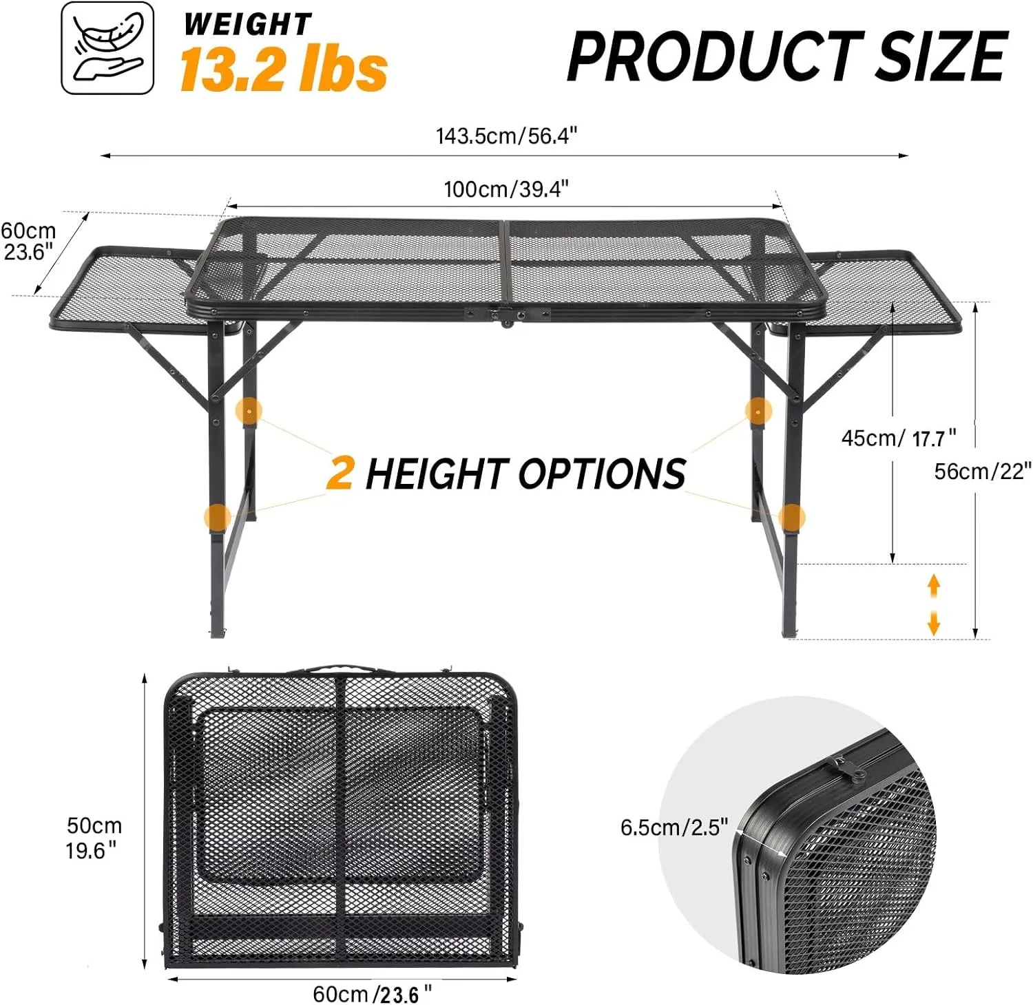 Outdoor Grill Table, Folding Camping Table, Card Table Adjustable Height & Width, Carry Handle for Outdoor, Picnic, Beach, Indoor (4.7 FT)