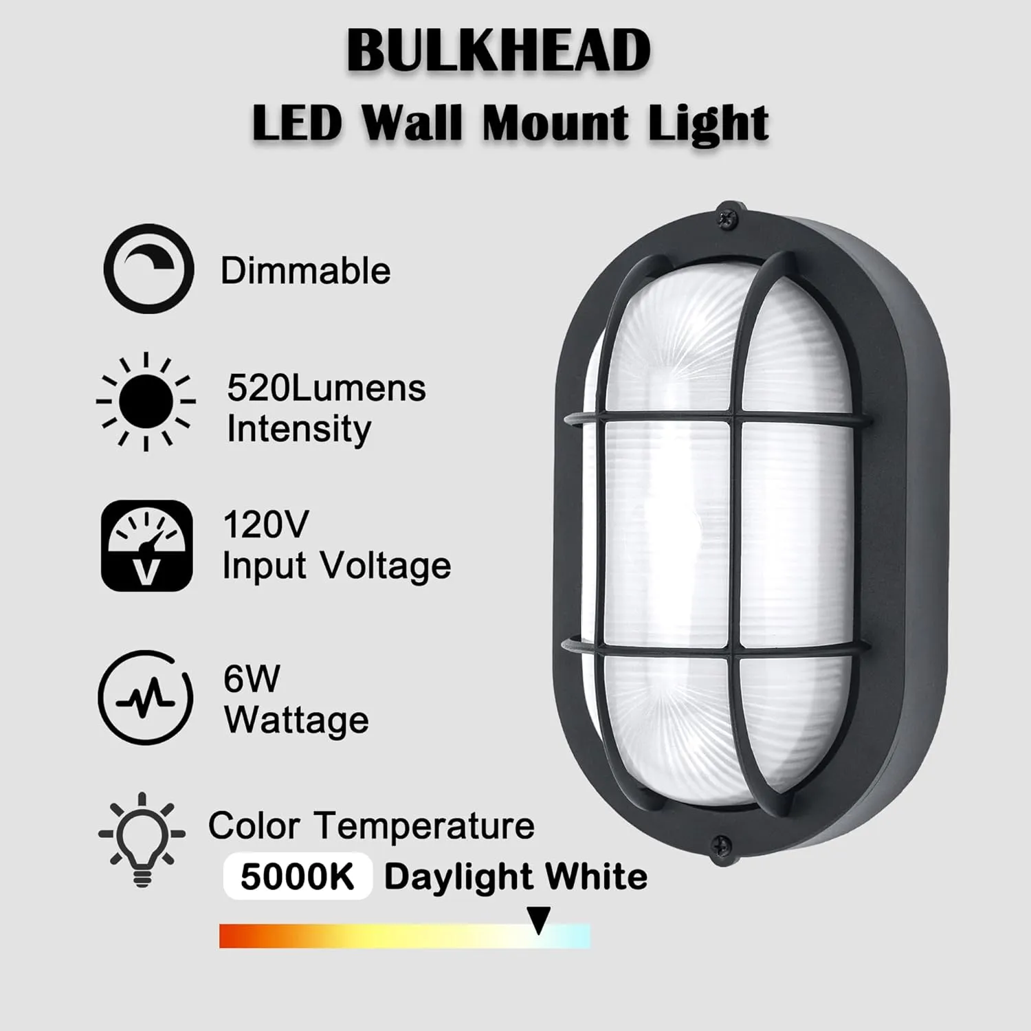 Outdoor LED Bulkhead Light Worked as Outdoor Flush Mount Ceiling Light, Wall Lantern, 6W 520Lumens 5000K Daylight, Dimmable, Aluminum Housing, Black 2 Pack
