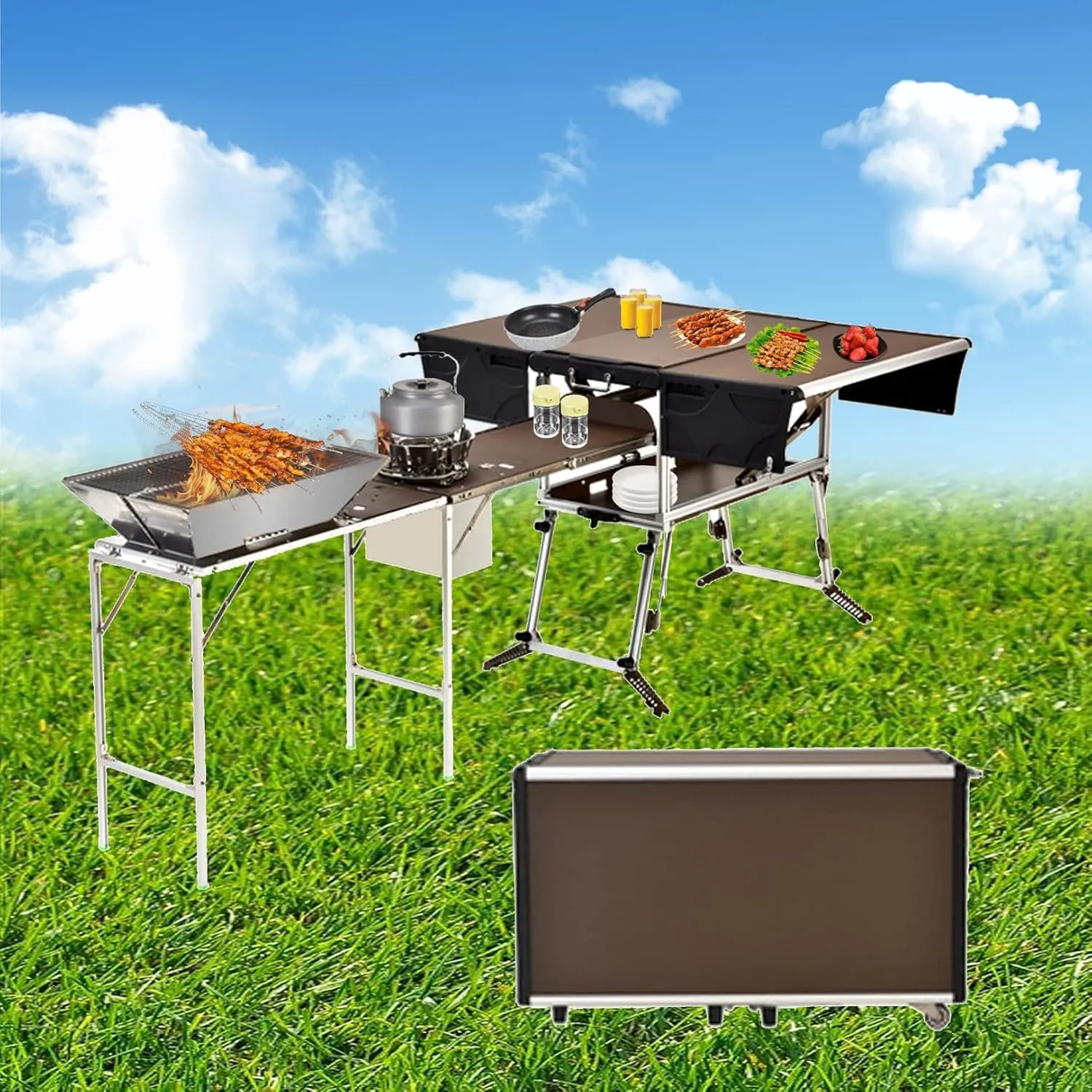 Outdoor Master Cook Station Aluminum Camping Table,Easy Carry Picnic Folding Table with kitchenware and Stove for RV BBQ Cooking Outdoor, Package 4