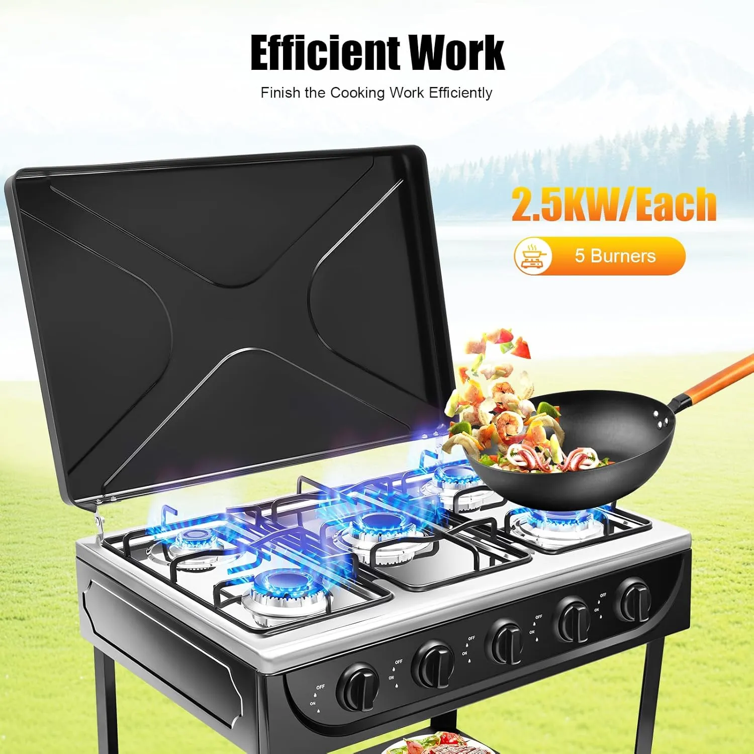 Outdoor Natural Gas Stove 5-Burner, Commercial Kitchen Cooking Stove Set with Support Leg Stand,Wind Blocking Cover and Storage Shelves Restaurant Gas Stove for Patio, RV, Camping, Apartment