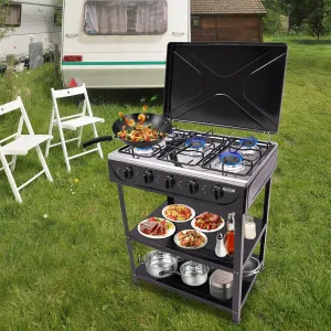 Outdoor Natural Gas Stove 5-Burner, Commercial Kitchen Cooking Stove Set with Support Leg Stand,Wind Blocking Cover and Storage Shelves Restaurant Gas Stove for Patio, RV, Camping, Apartment