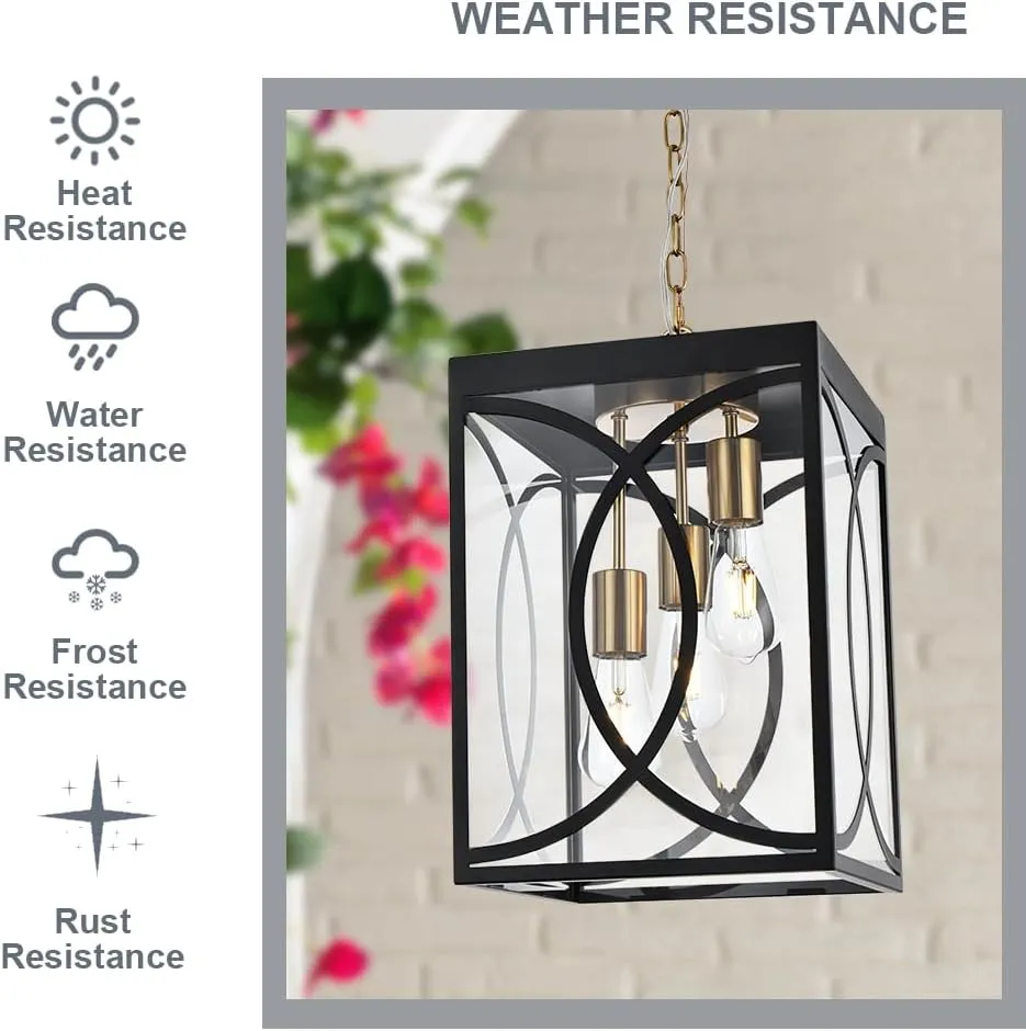 Outdoor Pendant Light Fixtures, Modern 3-Lights Exterior Hanging Lantern Clear Glass Panel, Black Large Outdoor Chandelier for Porch Patio Front Door
