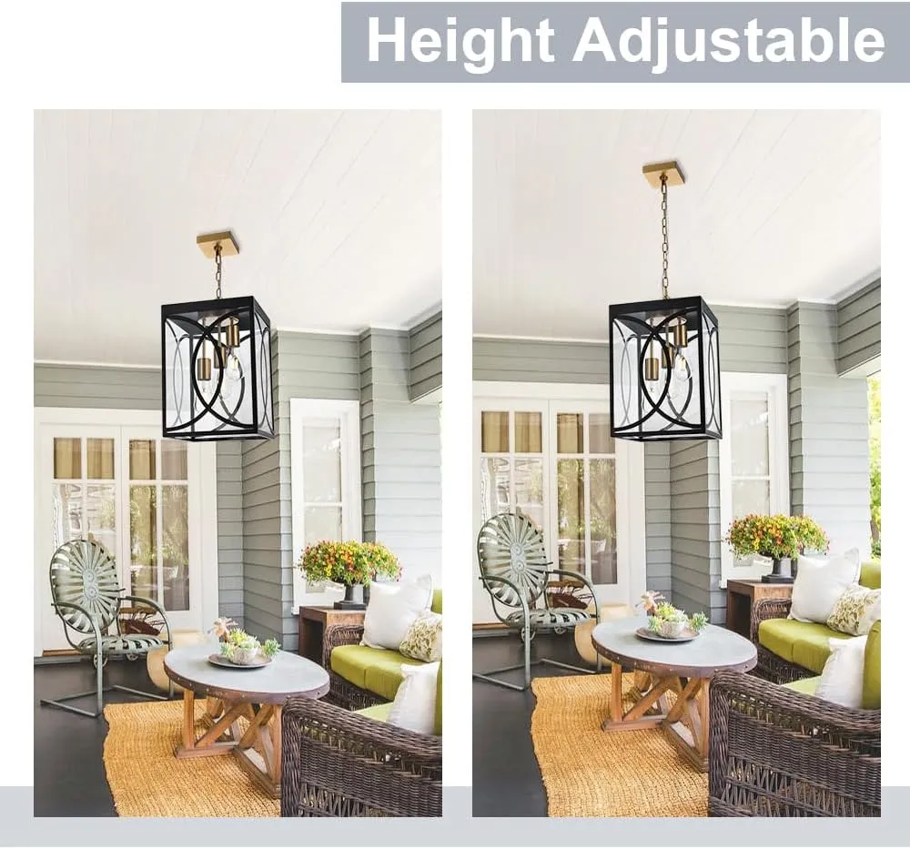 Outdoor Pendant Light Fixtures, Modern 3-Lights Exterior Hanging Lantern Clear Glass Panel, Black Large Outdoor Chandelier for Porch Patio Front Door