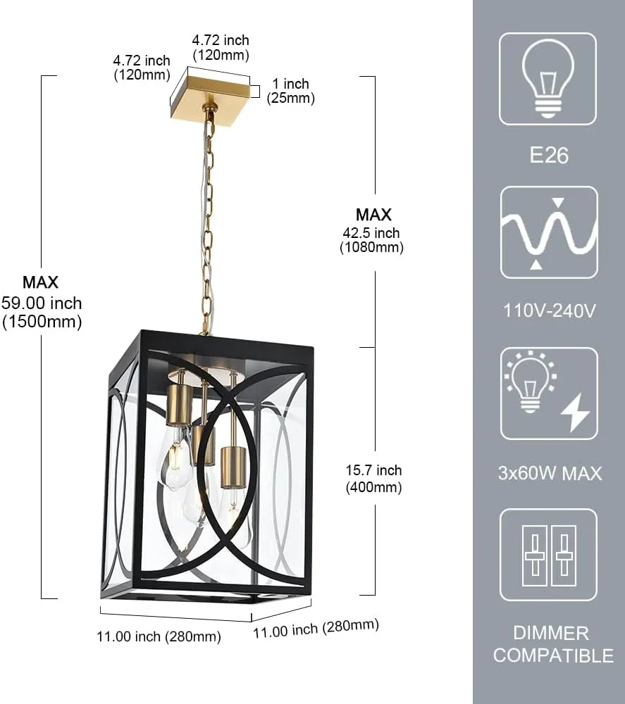 Outdoor Pendant Light Fixtures, Modern 3-Lights Exterior Hanging Lantern Clear Glass Panel, Black Large Outdoor Chandelier for Porch Patio Front Door