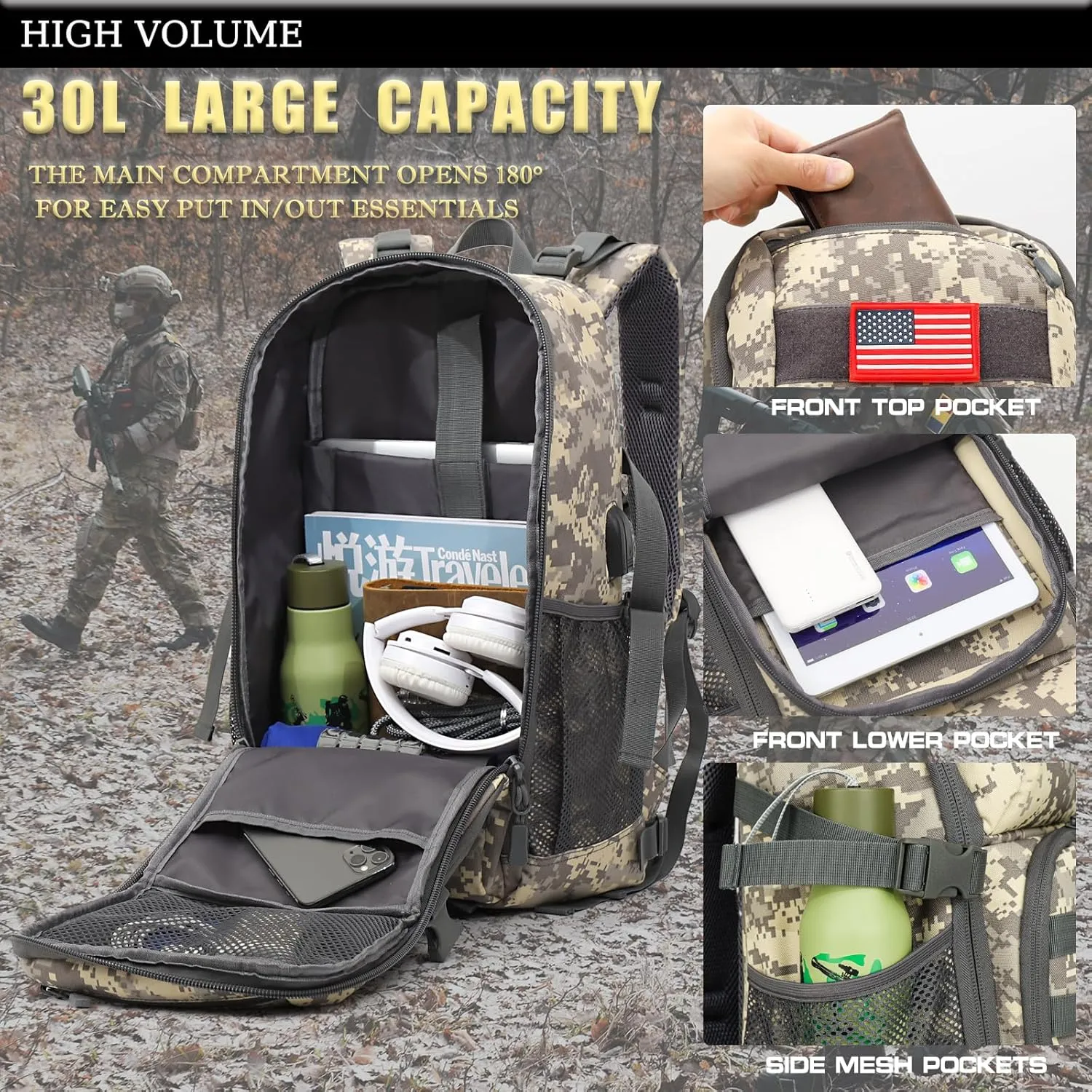 outdoor plus Camo Backpack for School,30L/40L Military Boys Backpack for Elementary Middle School, Army Day Pack for Outdoor