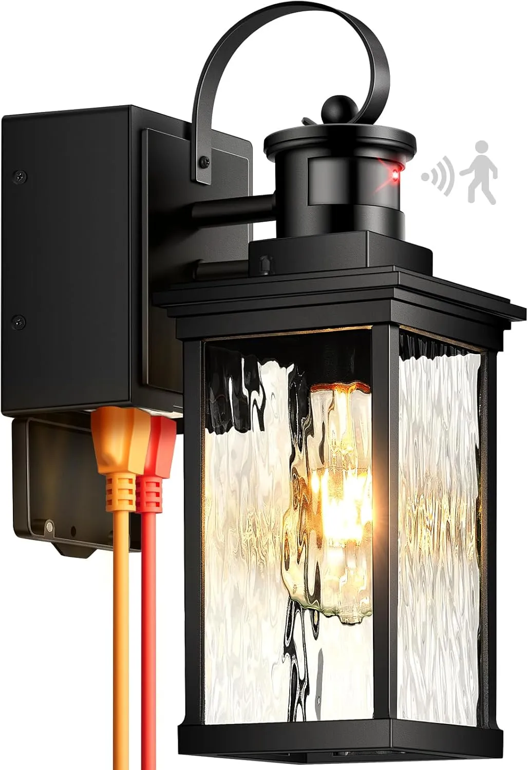 Outdoor Porch Light with GFCI Outlet, Black Motion Sensor Exterior Lighting Fixtures Wall Mount for House with Water Ripple Glass, Anti-Rust Waterproof Outdoor Wall Sconce Lantern for Garage