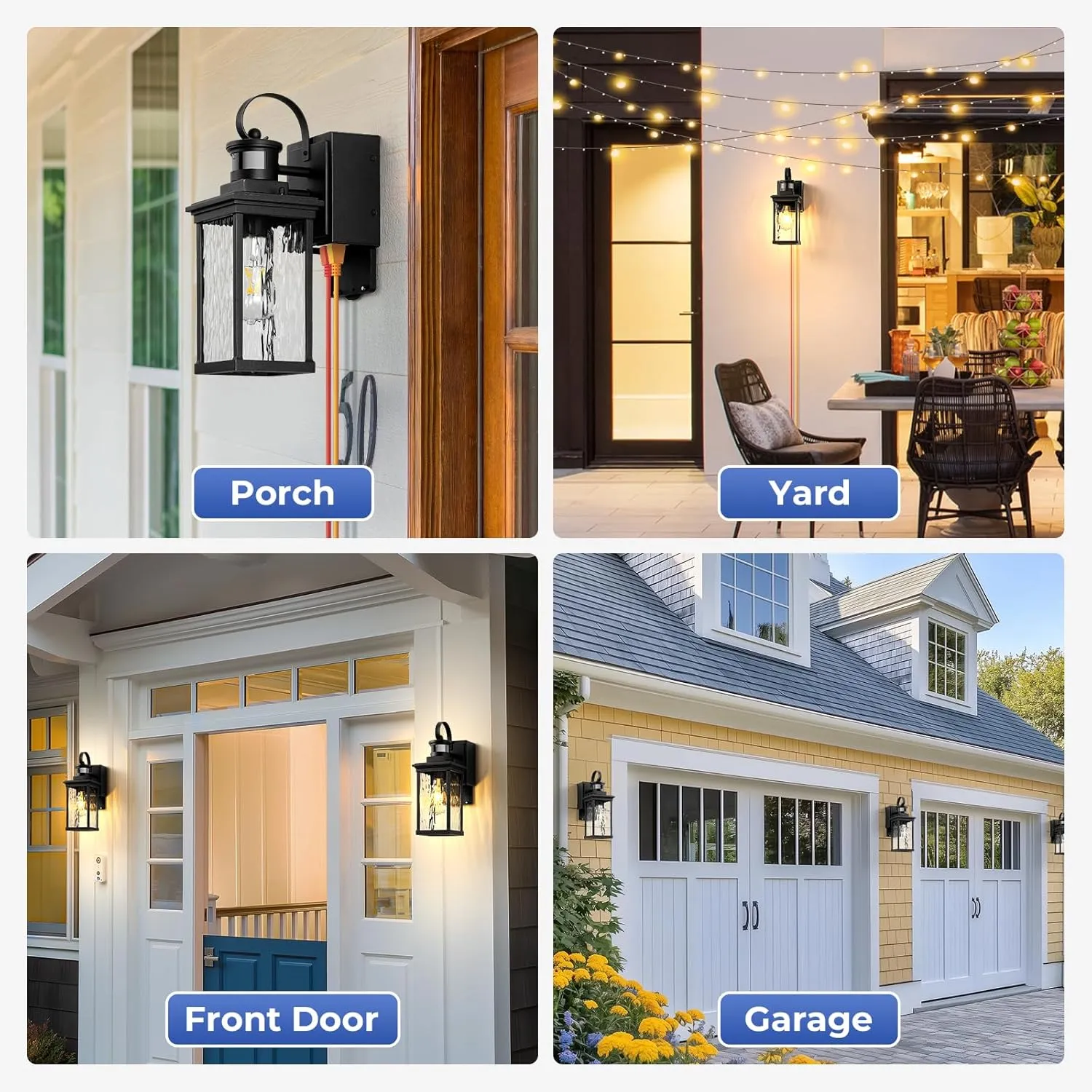 Outdoor Porch Light with GFCI Outlet, Black Motion Sensor Exterior Lighting Fixtures Wall Mount for House with Water Ripple Glass, Anti-Rust Waterproof Outdoor Wall Sconce Lantern for Garage
