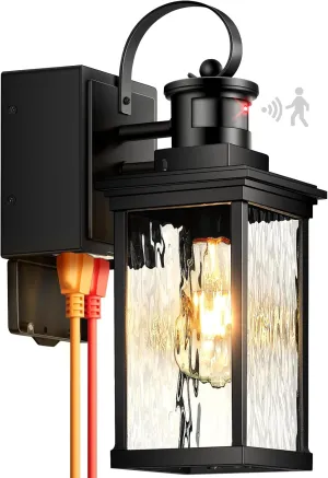 Outdoor Porch Light with GFCI Outlet, Black Motion Sensor Exterior Lighting Fixtures Wall Mount for House with Water Ripple Glass, Anti-Rust Waterproof Outdoor Wall Sconce Lantern for Garage