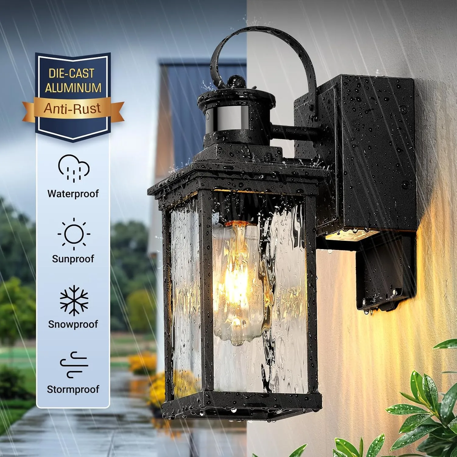 Outdoor Porch Light with GFCI Outlet, Black Motion Sensor Exterior Lighting Fixtures Wall Mount for House with Water Ripple Glass, Anti-Rust Waterproof Outdoor Wall Sconce Lantern for Garage