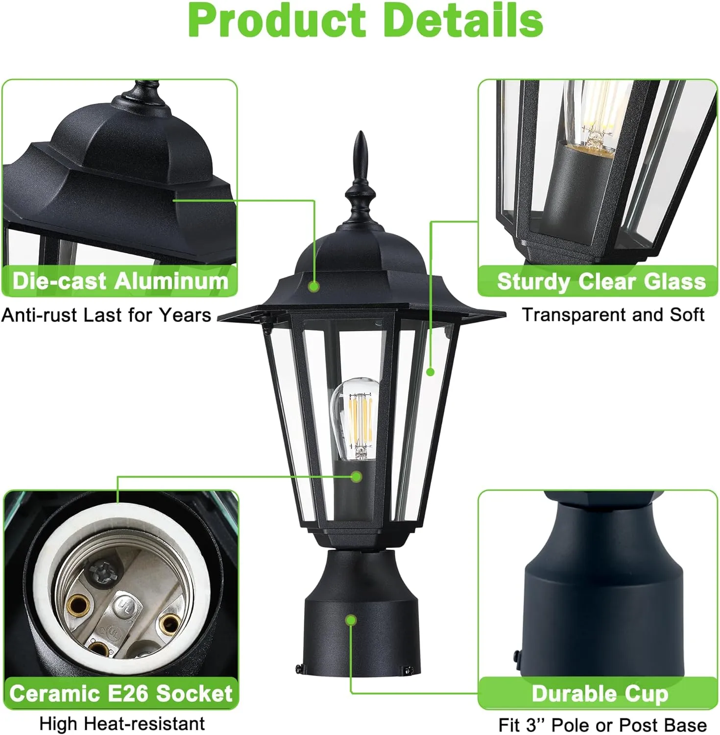 Outdoor Post Light, Pole Lantern, E26 Base 60W Max, Aluminum Housing Plus Glass, Wet Location Rated, Bulbs not Included, Matte Black, 1 Pack