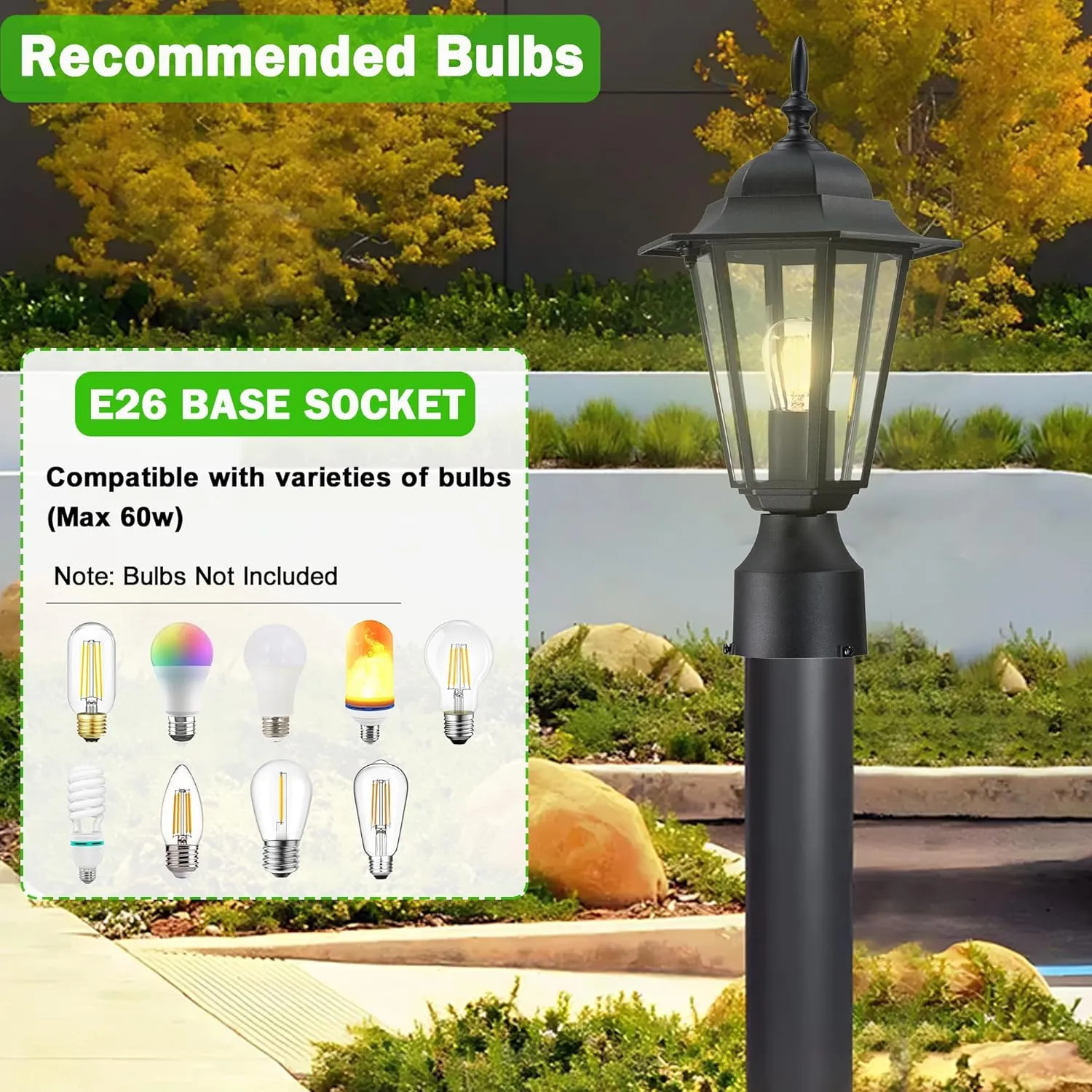 Outdoor Post Light, Pole Lantern, E26 Base 60W Max, Aluminum Housing Plus Glass, Wet Location Rated, Bulbs not Included, Matte Black, 1 Pack