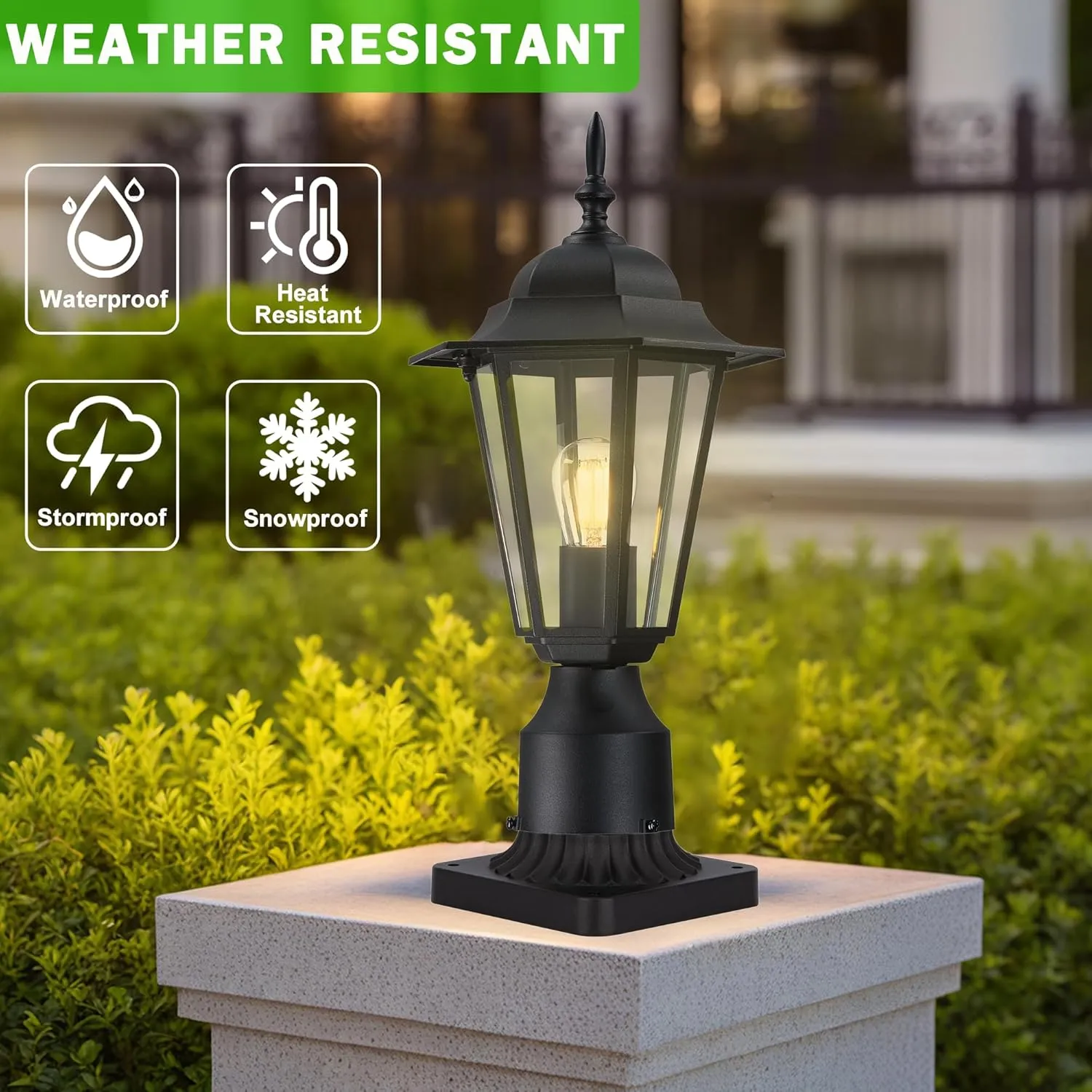 Outdoor Post Light, Pole Lantern, E26 Base 60W Max, Aluminum Housing Plus Glass, Wet Location Rated, Bulbs not Included, Matte Black, 1 Pack