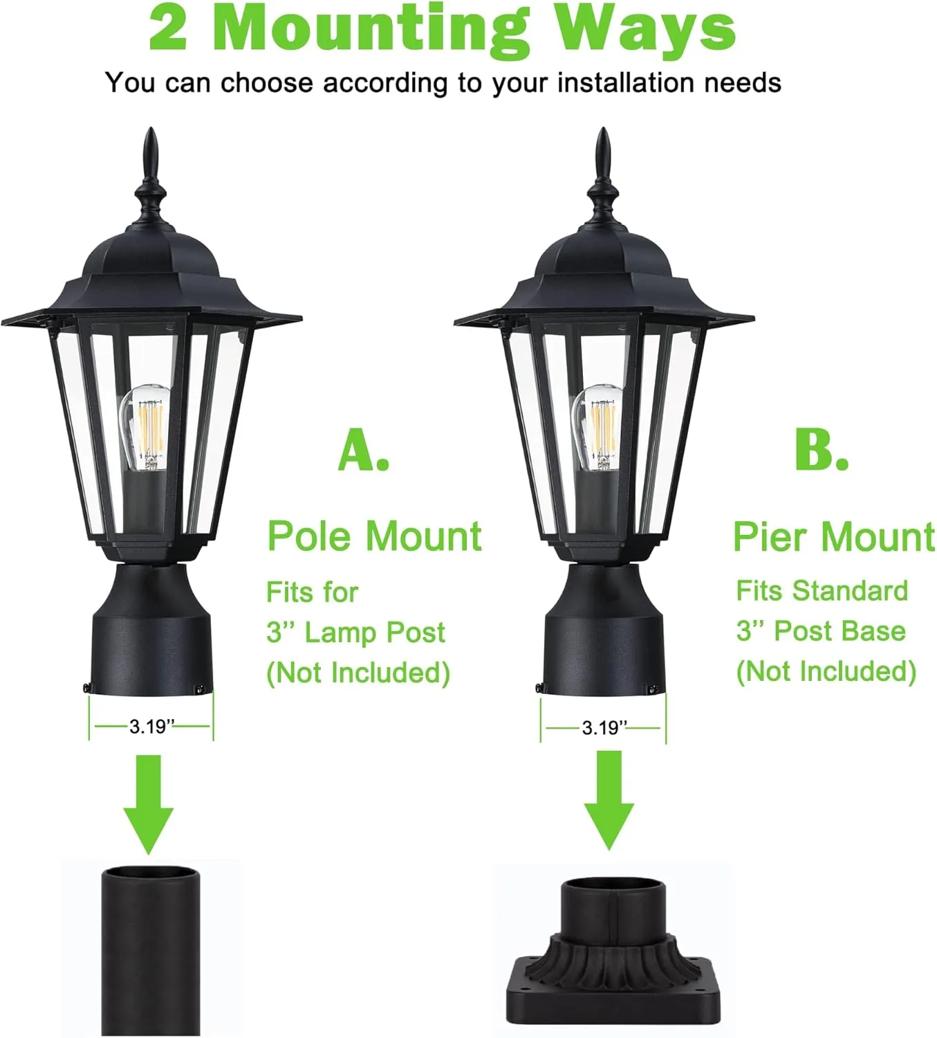 Outdoor Post Light, Pole Lantern, E26 Base 60W Max, Aluminum Housing Plus Glass, Wet Location Rated, Bulbs not Included, Matte Black, 1 Pack