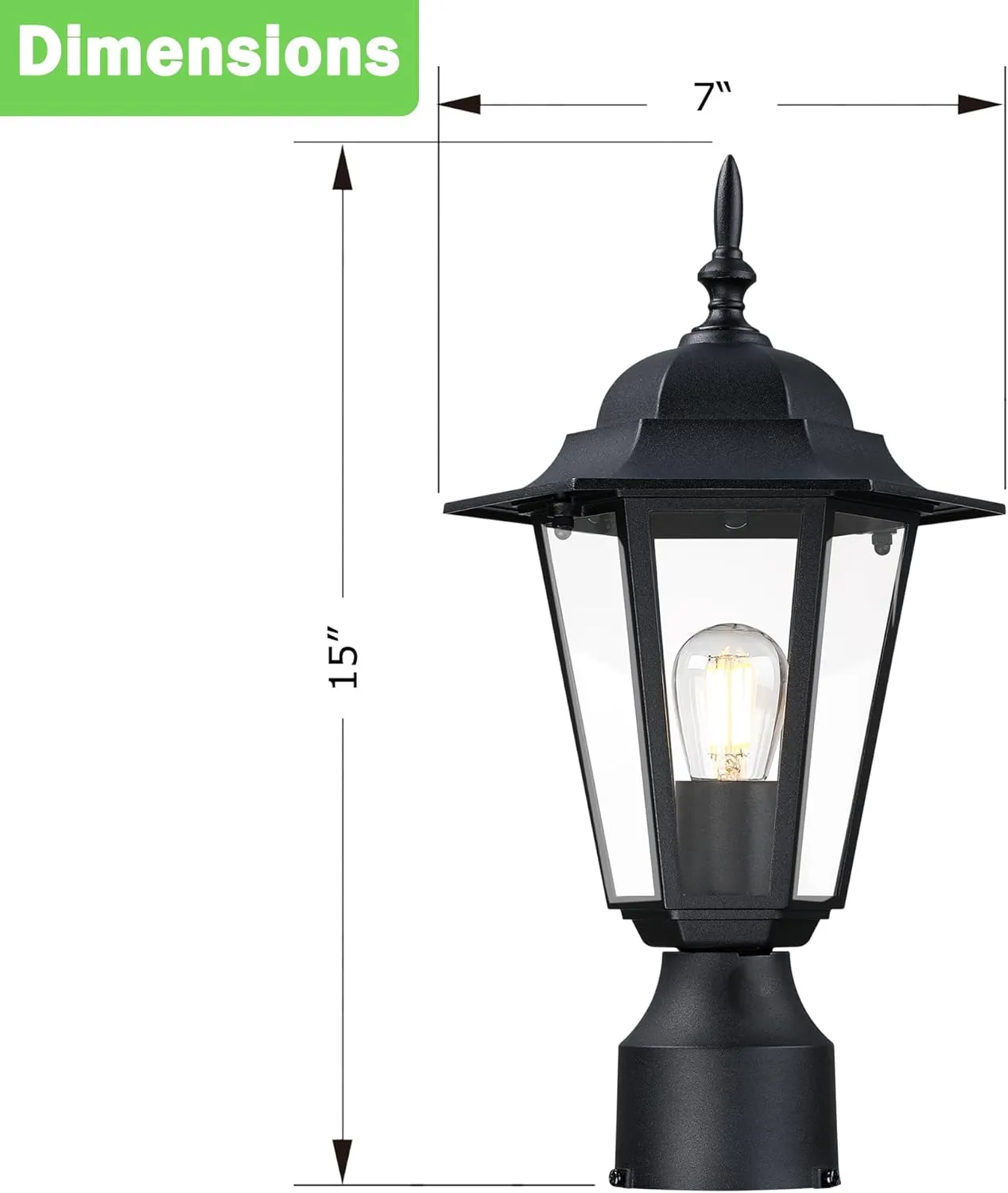Outdoor Post Light, Pole Lantern, E26 Base 60W Max, Aluminum Housing Plus Glass, Wet Location Rated, Bulbs not Included, Matte Black, 1 Pack