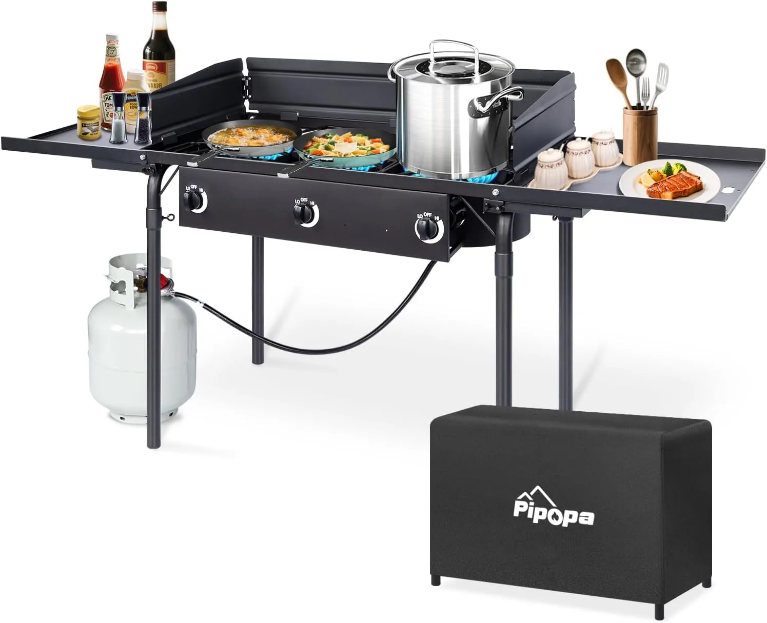 Outdoor Propane Gas Stove | 75,000 BTU per Burner | High-Pressure Gas Cooker with Side Shelves Windscreen Waterproof Stove Cover & Detachable Legs | Ideal for Camping & Backyard Cooking