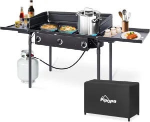Outdoor Propane Gas Stove | 75,000 BTU per Burner | High-Pressure Gas Cooker with Side Shelves Windscreen Waterproof Stove Cover & Detachable Legs | Ideal for Camping & Backyard Cooking