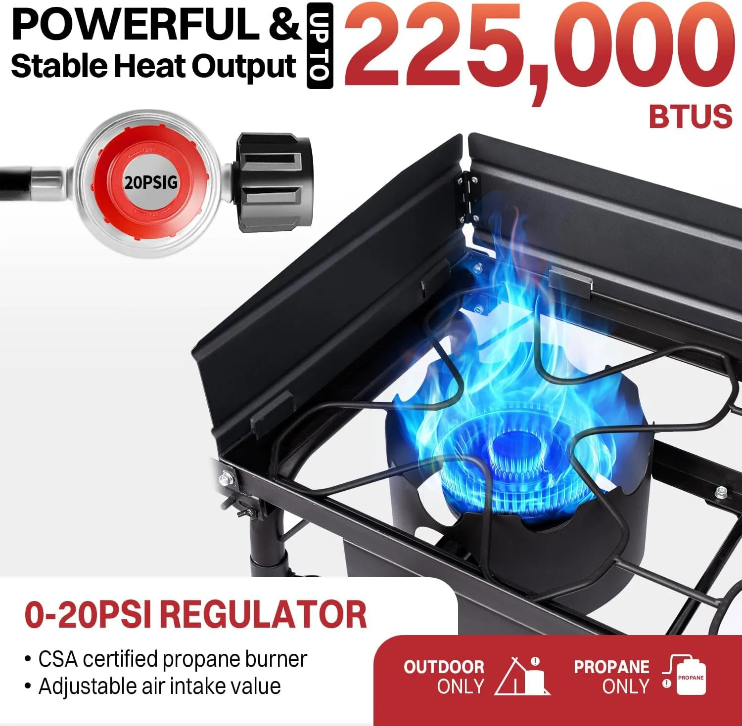 Outdoor Propane Gas Stove | 75,000 BTU per Burner | High-Pressure Gas Cooker with Side Shelves Windscreen Waterproof Stove Cover & Detachable Legs | Ideal for Camping & Backyard Cooking
