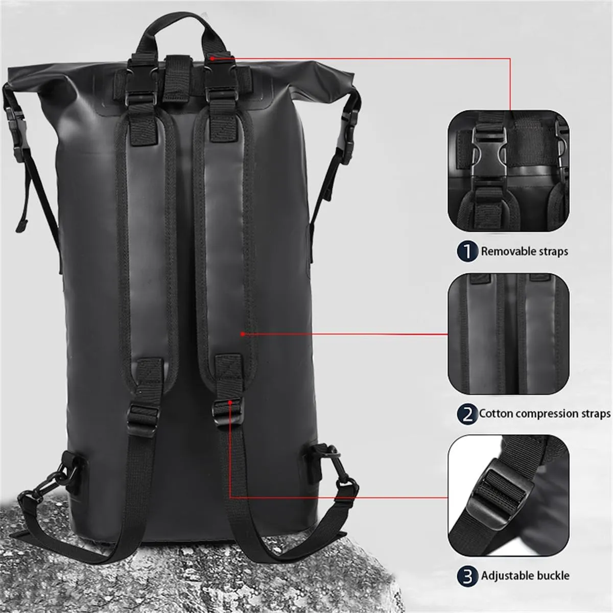Outdoor PVC Waterproof Dry Backpack Water Floating Bag Roll Top Sack, Dry Bags for Kayaking Waterproof Flotation 30L (Black,30L)