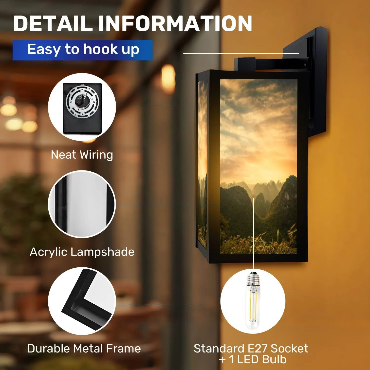 Outdoor Wall Light Fixtures Sunset Karst Landscape Cat Ba Island Vietnam Exterior Waterproof Wall Sconce Lantern with Acrylic Shades Anti-Rust Lamp for Patio Doorway Garage